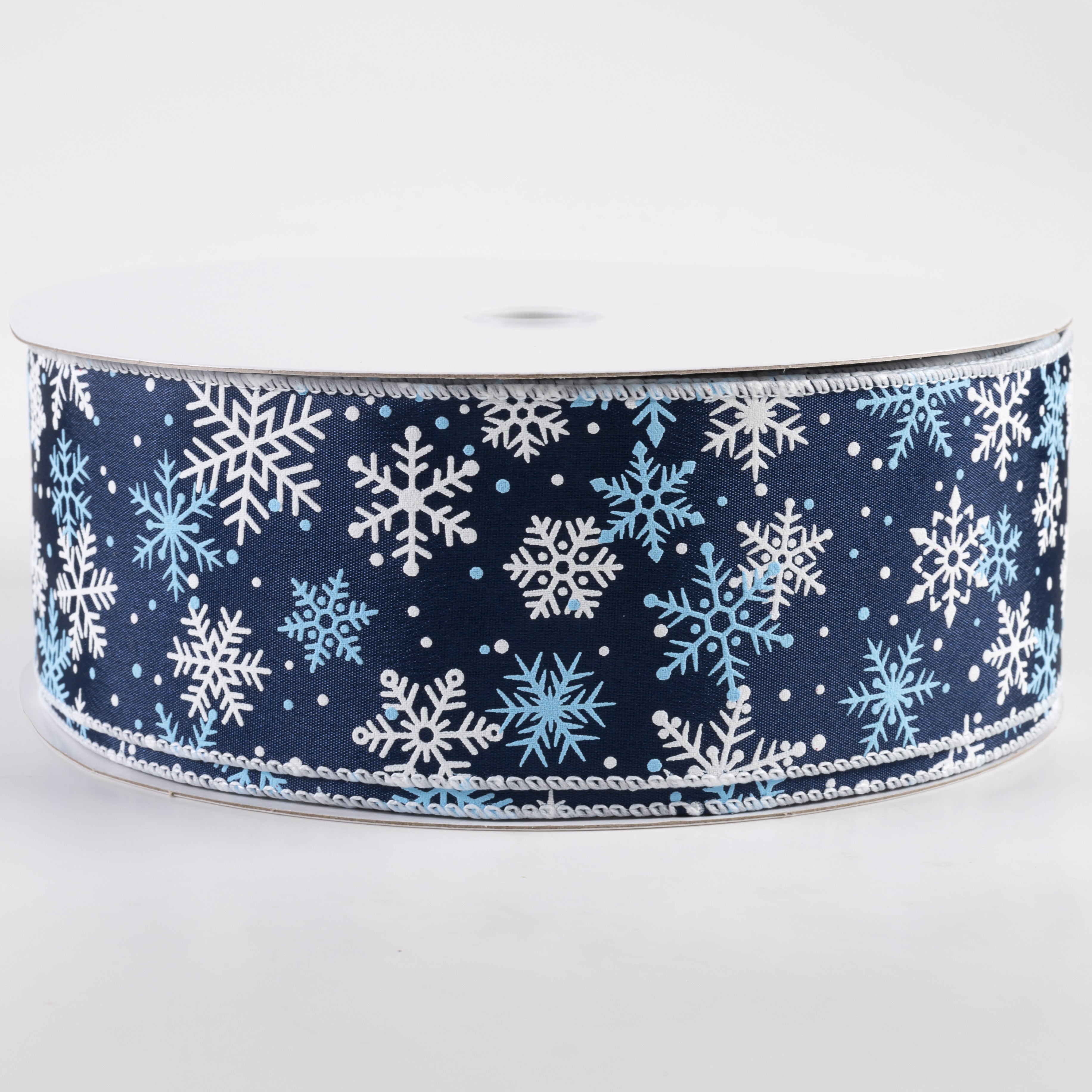 2.5" Satin Snowflakes Dots Ribbon: Navy & Light Blue (50 Yards)