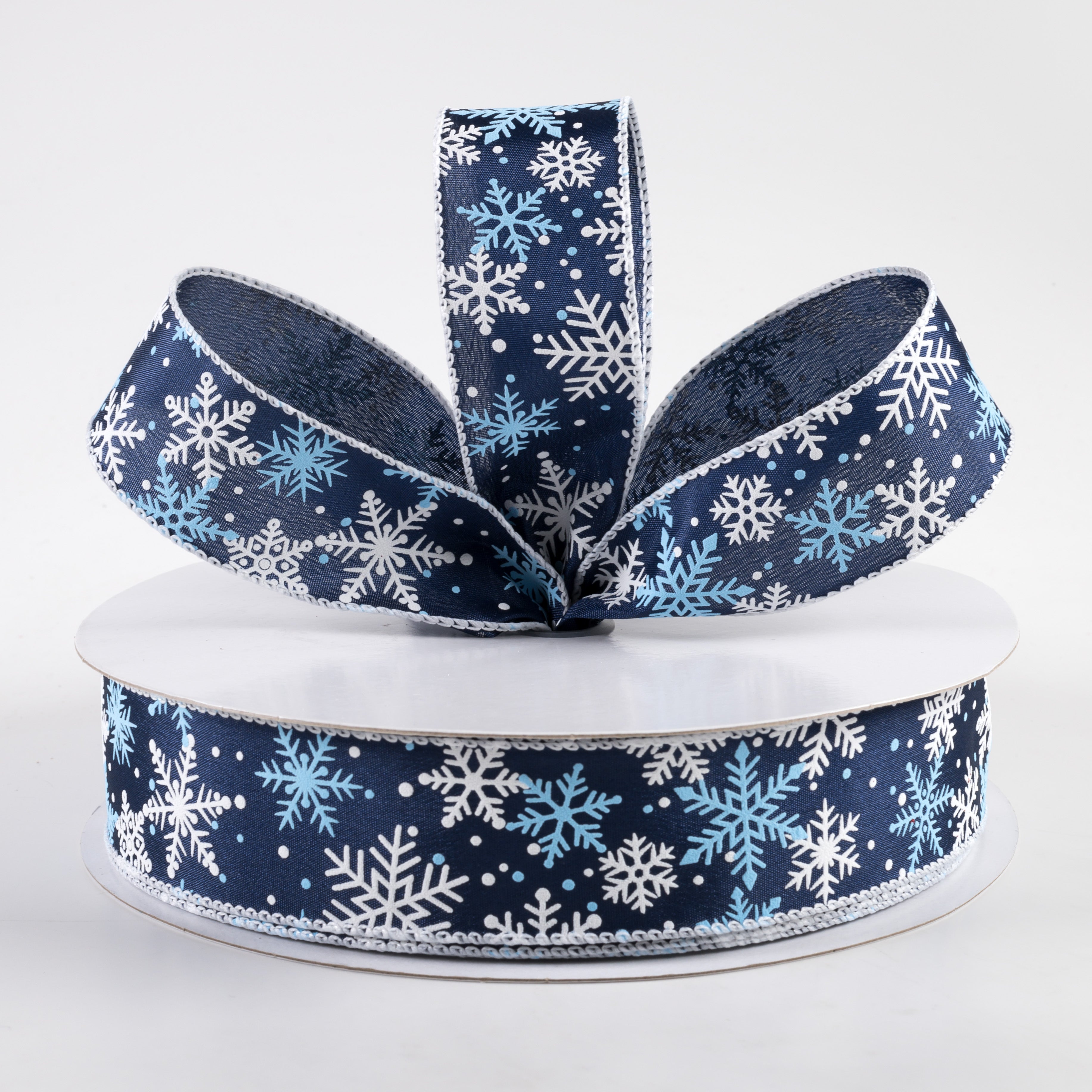 1.5" Satin Snowflakes Dots Ribbon: Navy & Light Blue (50 Yards) Lifestyle Photo
