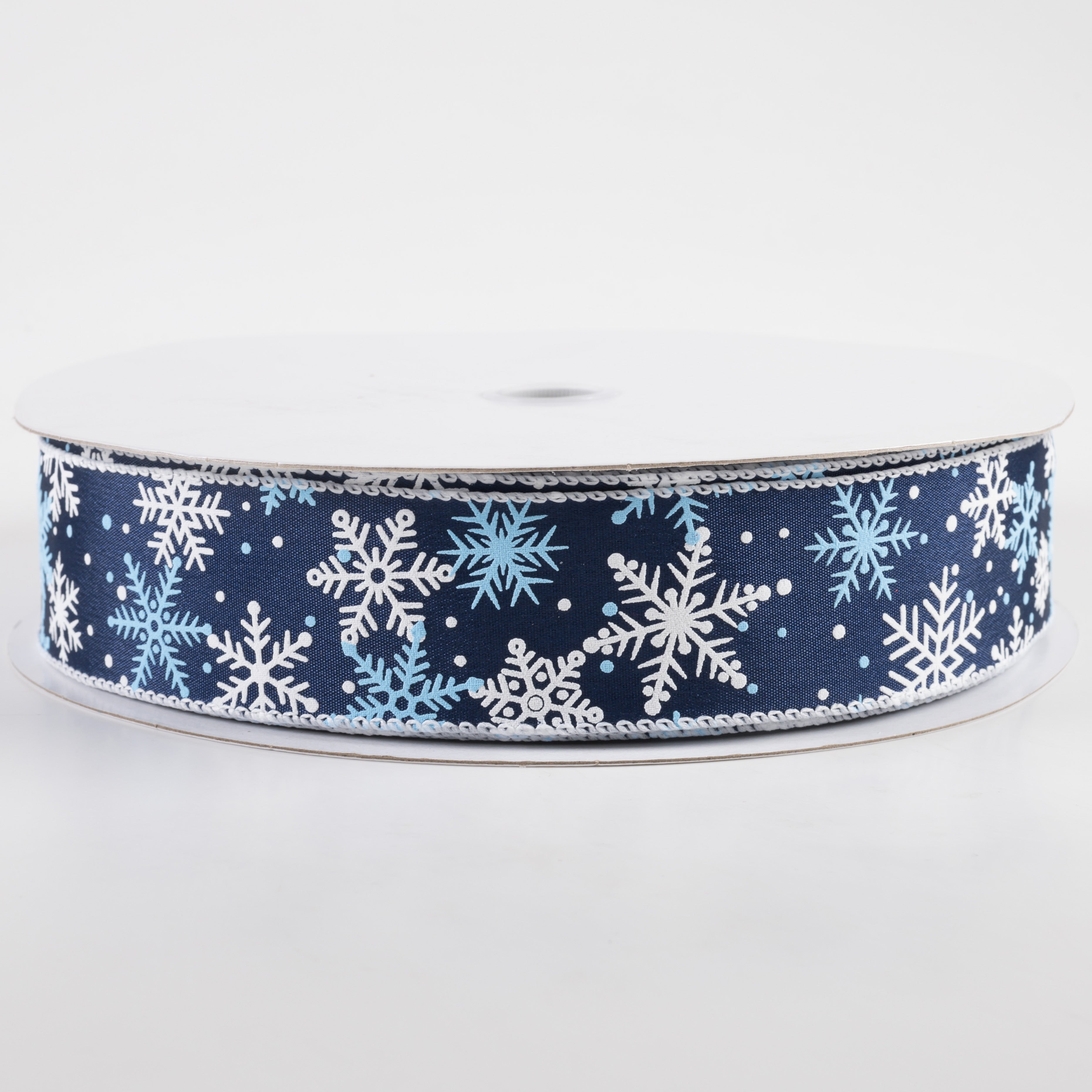 1.5" Satin Snowflakes Dots Ribbon: Navy & Light Blue (50 Yards)