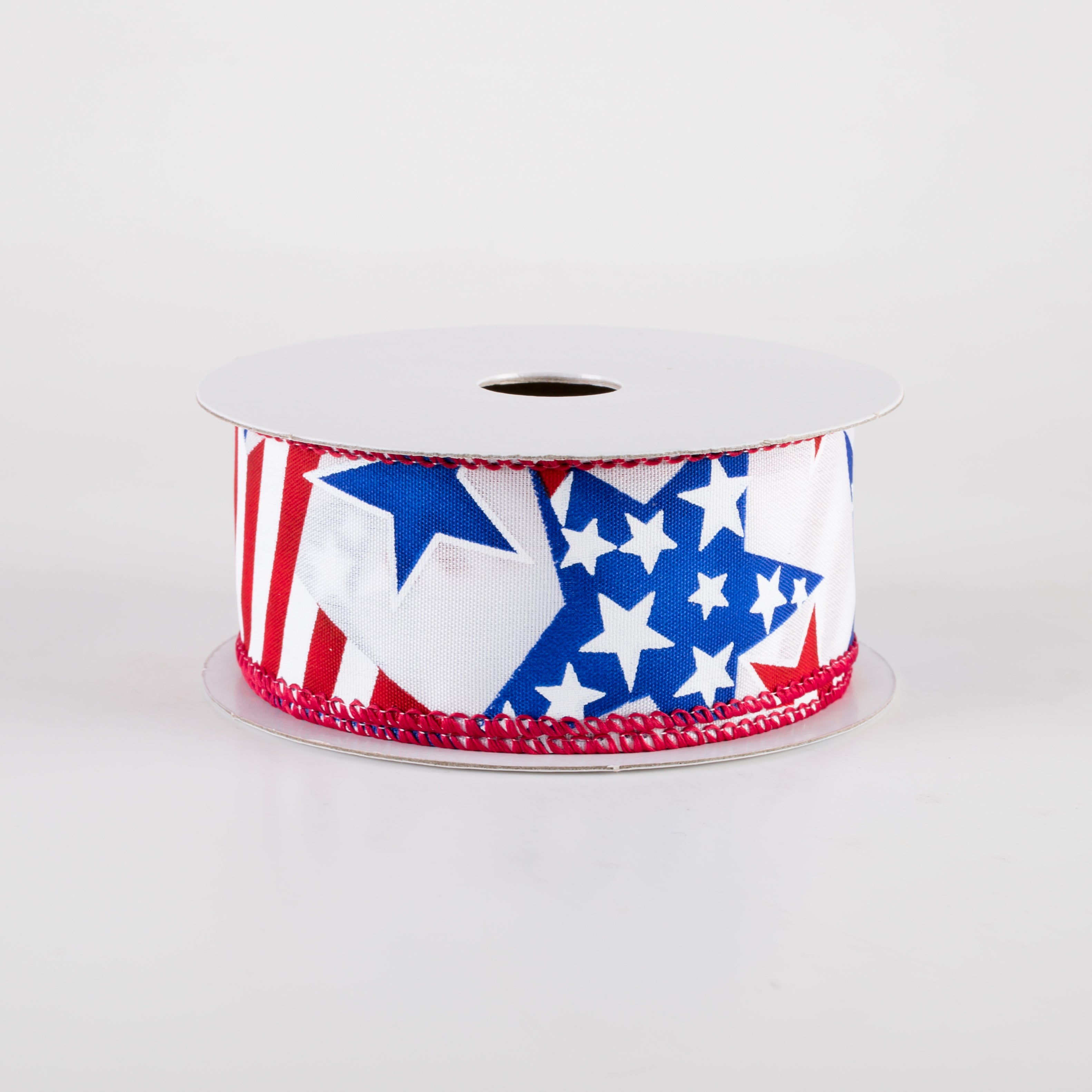 1.5" Satin Stripe RWB Stars Ribbon: White (10 Yards)