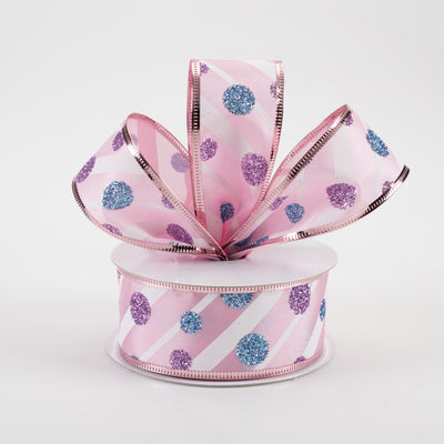1.5" Satin Stripes and Glitter Dots Ribbon: Pink, White, Blue, Lavender (10 Yards) Lifestyle Photo