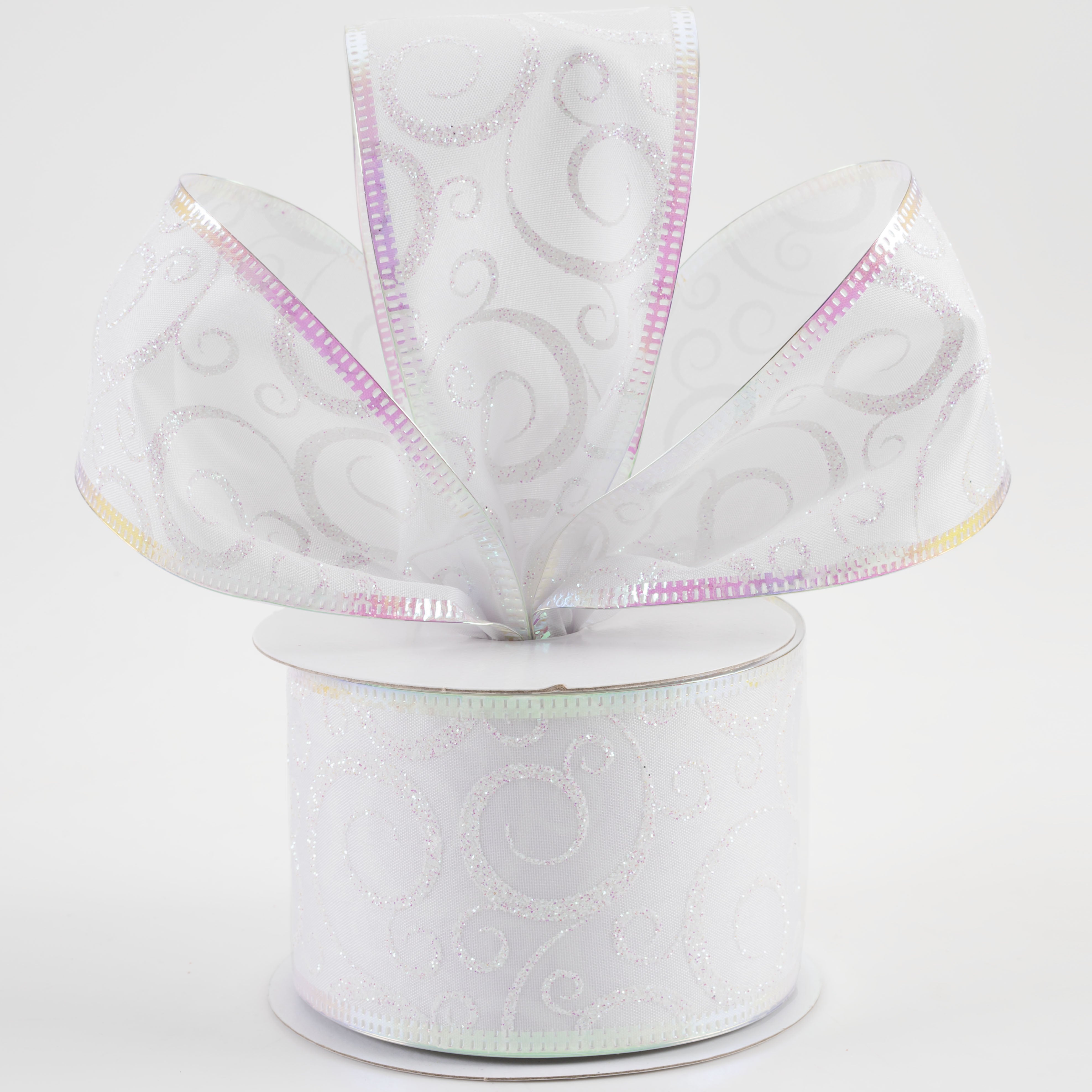 2.5" Satin Swirl Metallic Edge Ribbon: White & Iridescent (10 Yards) Lifestyle Photo