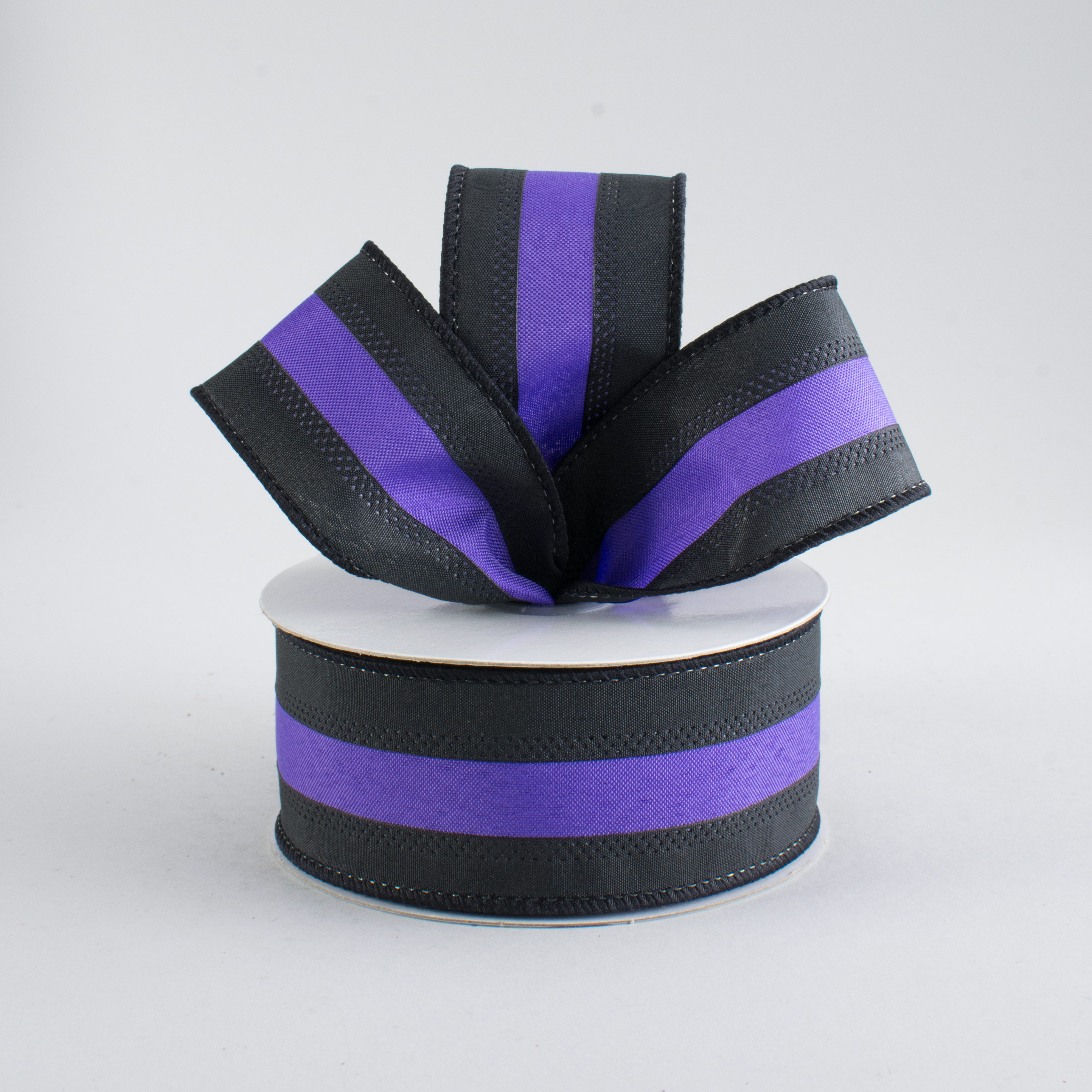 1.5" Satin Team Stripe Ribbon: Black & Purple (10 Yards) Lifestyle Photo