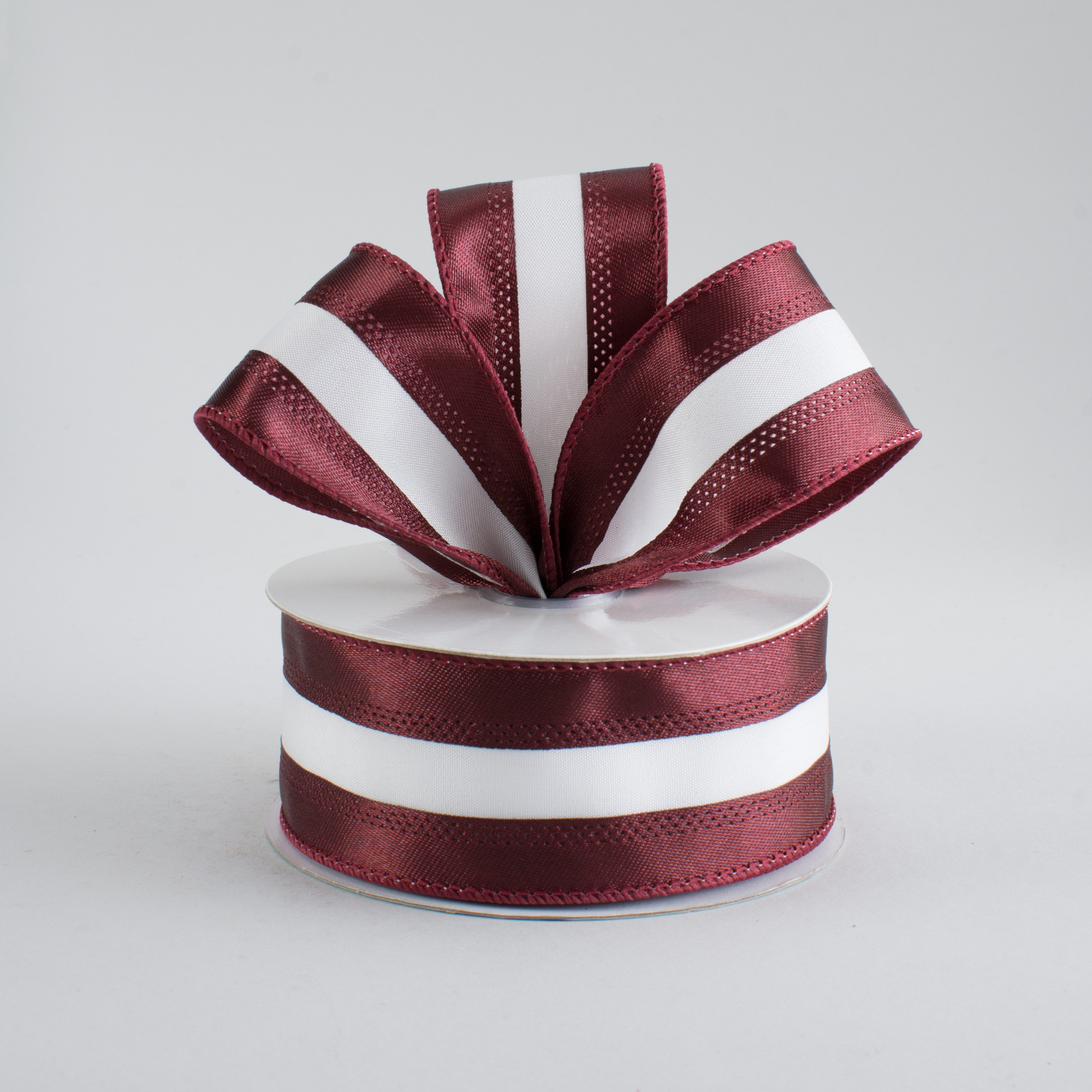 1.5" Satin Team Stripe Ribbon: Maroon & White (10 Yards) Lifestyle Photo