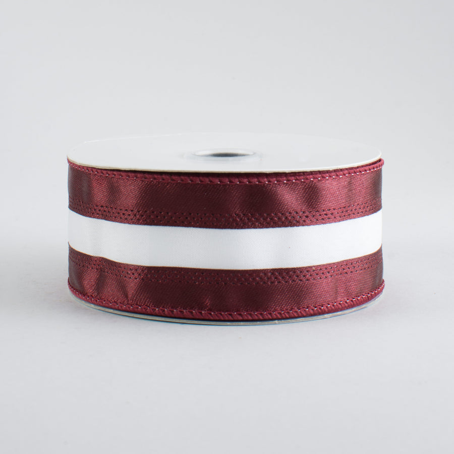 1.5" Satin Team Stripe Ribbon: Maroon & White (10 Yards) Item Number: RN5271CX