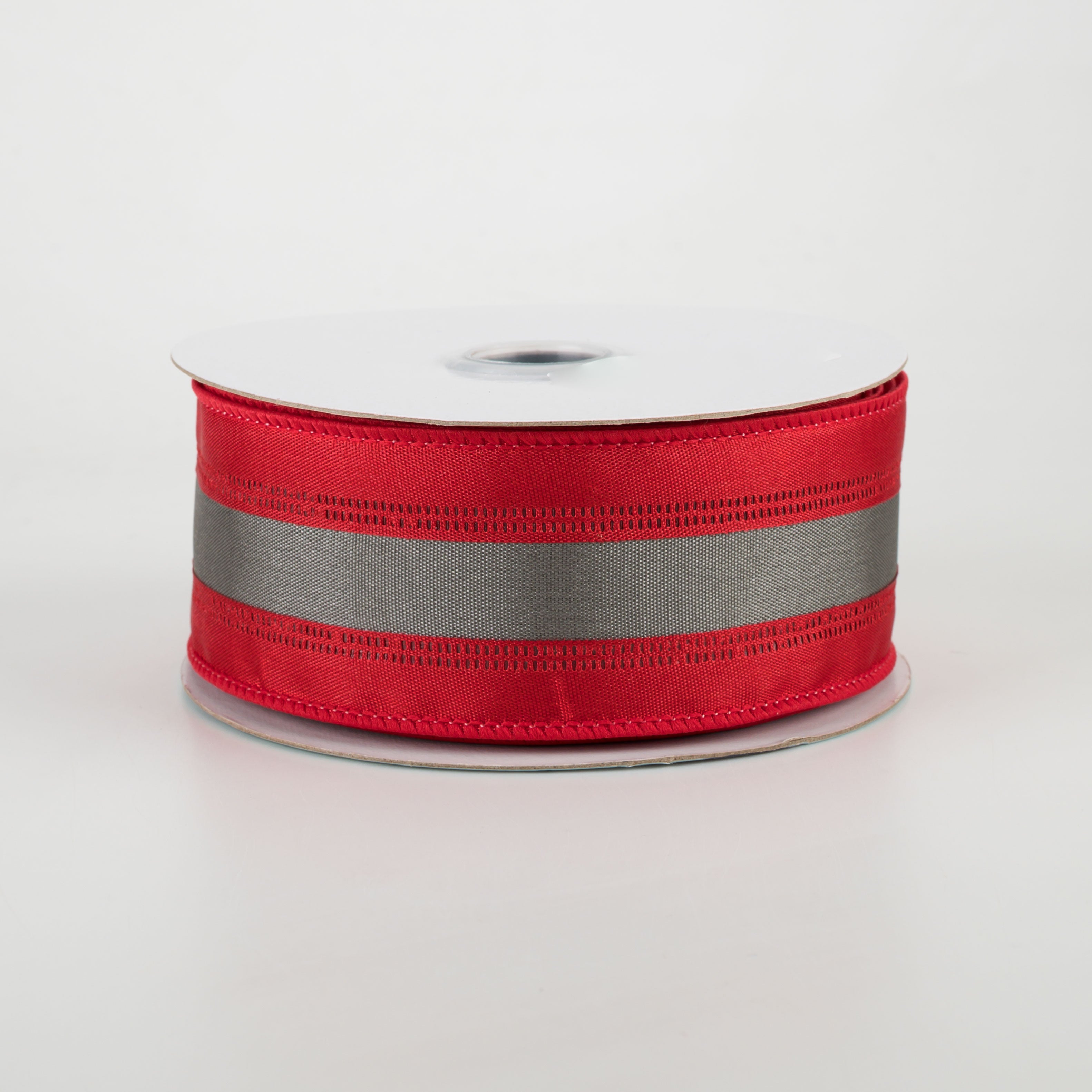 1.5" Satin Team Stripe Ribbon: Red & Grey (10 Yards)