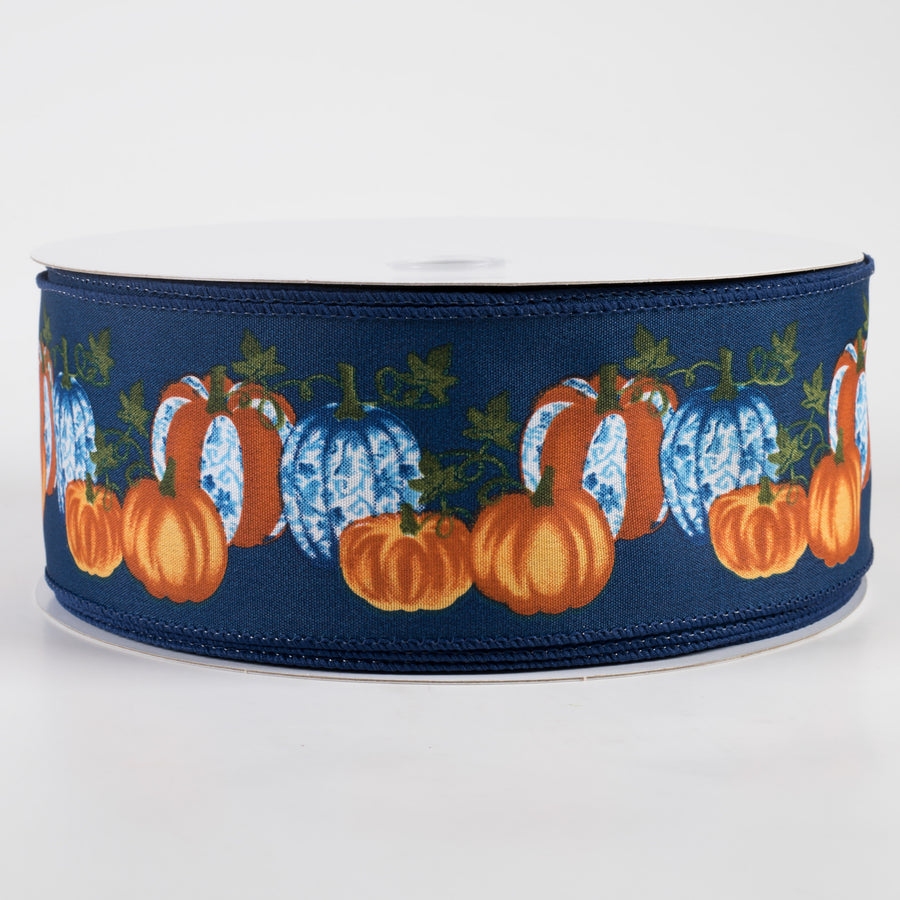2.5" Satin Toile Pumpkins Ribbon: Navy, Blue, Orange (50 Yards)