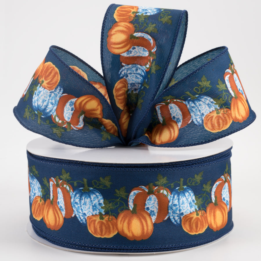 2.5" Satin Toile Pumpkins Ribbon: Navy, Blue, Orange (50 Yards) Lifestyle Photo