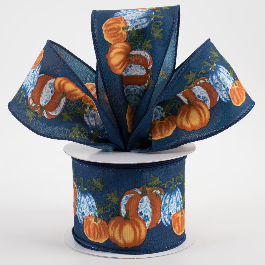 2.5" Satin Toile Pumpkins Ribbon: Navy, Blue, Orange (10 Yards) Lifestyle Photo