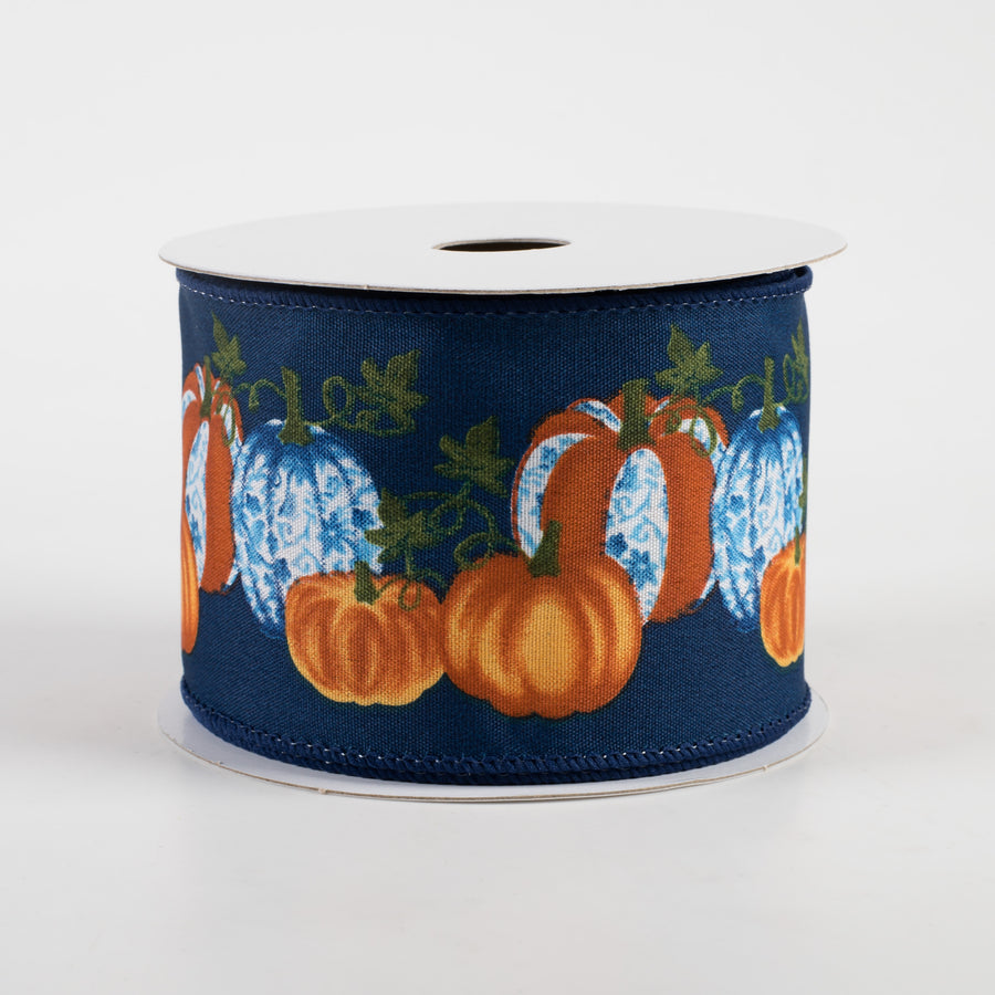 2.5" Satin Toile Pumpkins Ribbon: Navy, Blue, Orange (10 Yards)