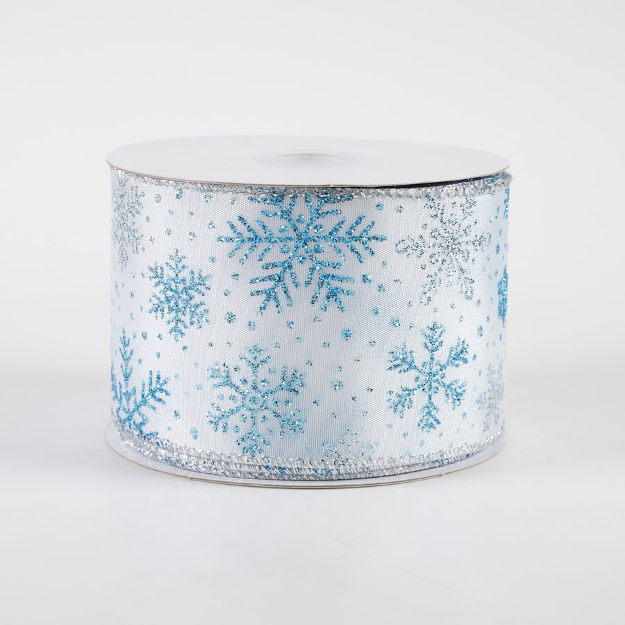2.5" Satin Turquoise & Silver Glitter Snowflakes Ribbon (10 Yards)