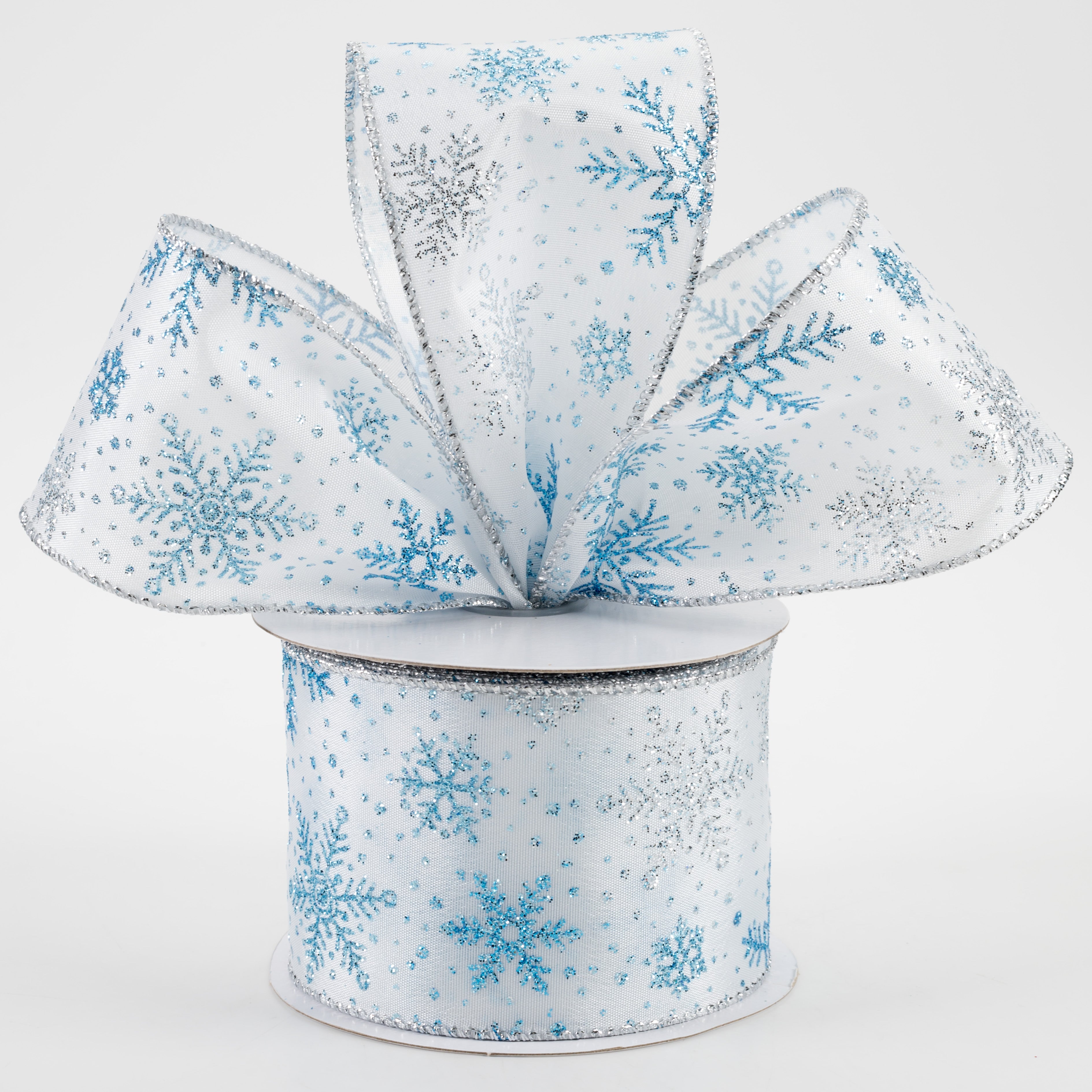 2.5" Satin Turquoise & Silver Glitter Snowflakes Ribbon (10 Yards) Lifestyle Photo
