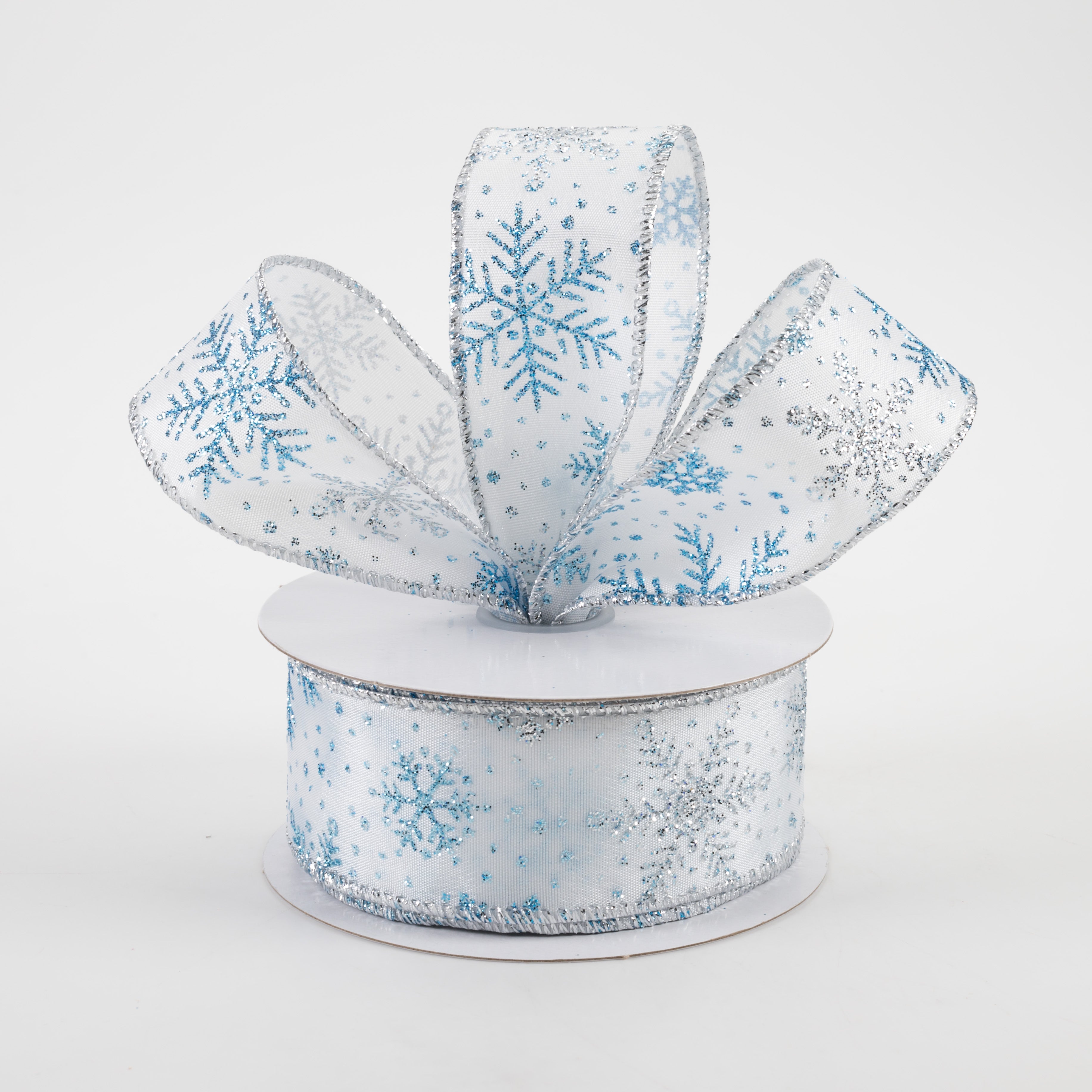 1.5" Satin Turquoise & Silver Glitter Snowflakes Ribbon (10 Yards) Lifestyle Photo