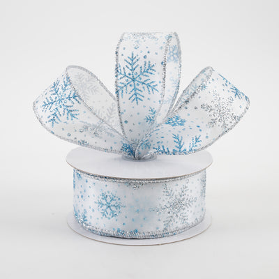 1.5" Satin Turquoise & Silver Glitter Snowflakes Ribbon (10 Yards) Lifestyle Photo