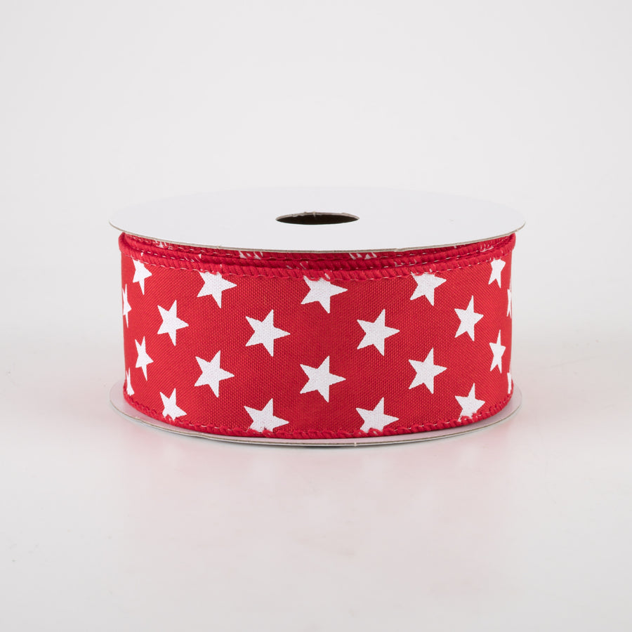 1.5" Satin White Stars Ribbon: Red (10 Yards)