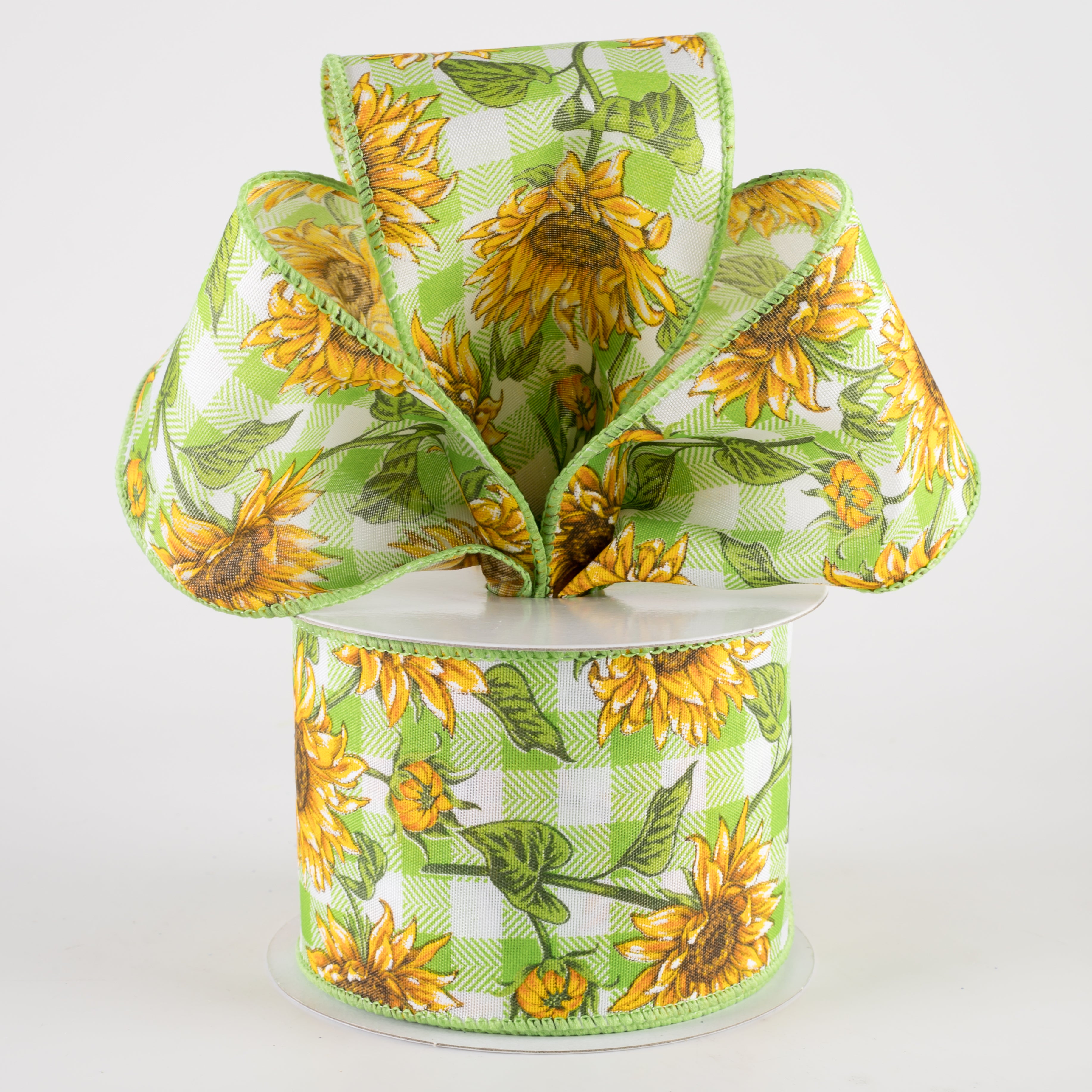 2.5" Satin Wild Sunflowers Check Ribbon: Lime & White (10 Yards) Lifestyle Photo