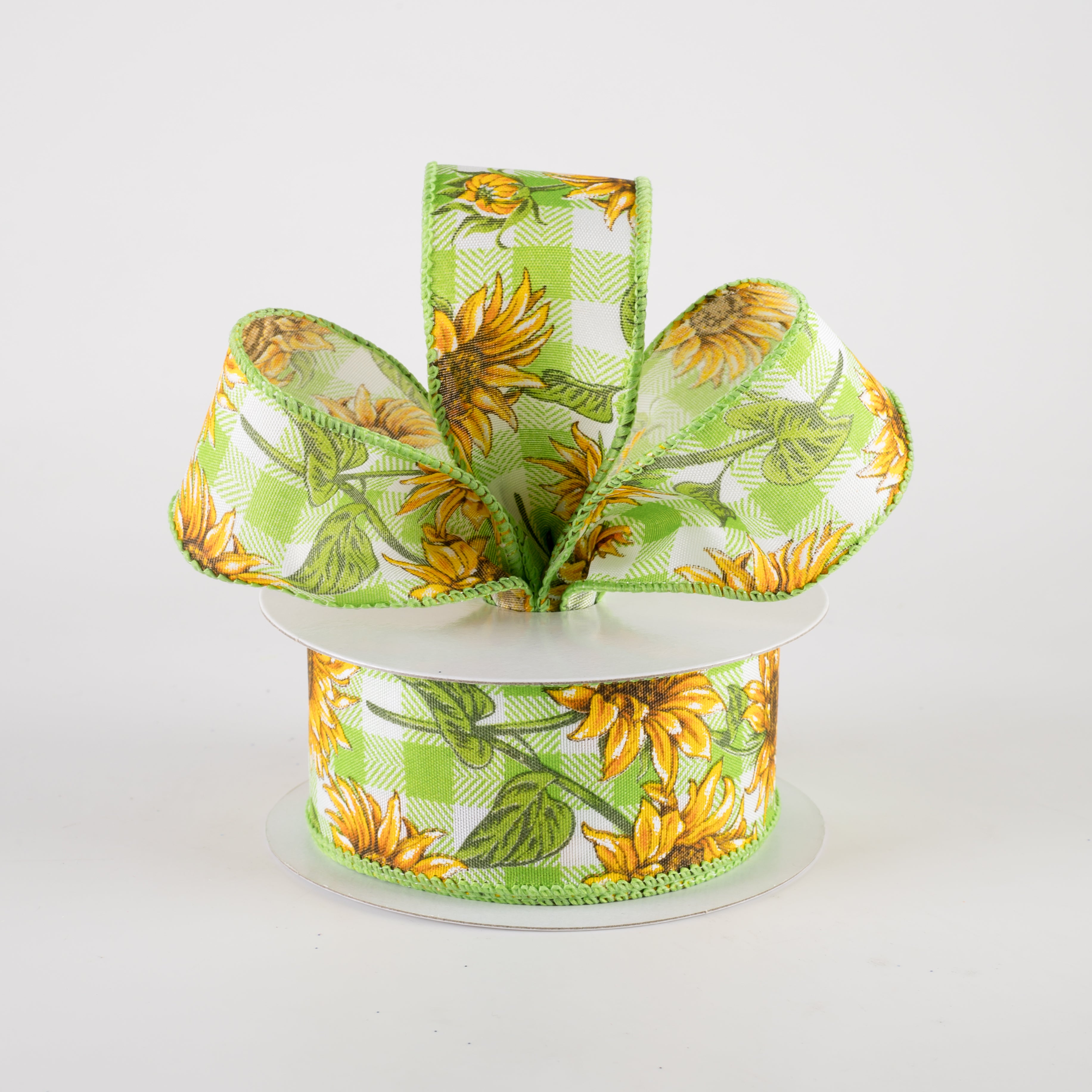 1.5" Satin Wild Sunflowers Check Ribbon: Lime & White (10 Yards) Lifestyle Photo