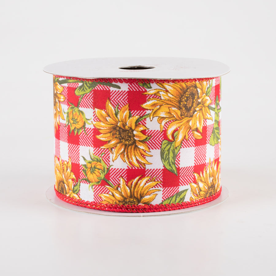2.5" Satin Wild Sunflowers Check Ribbon: Red & White (10 Yards) Item Number: 42445-40-12