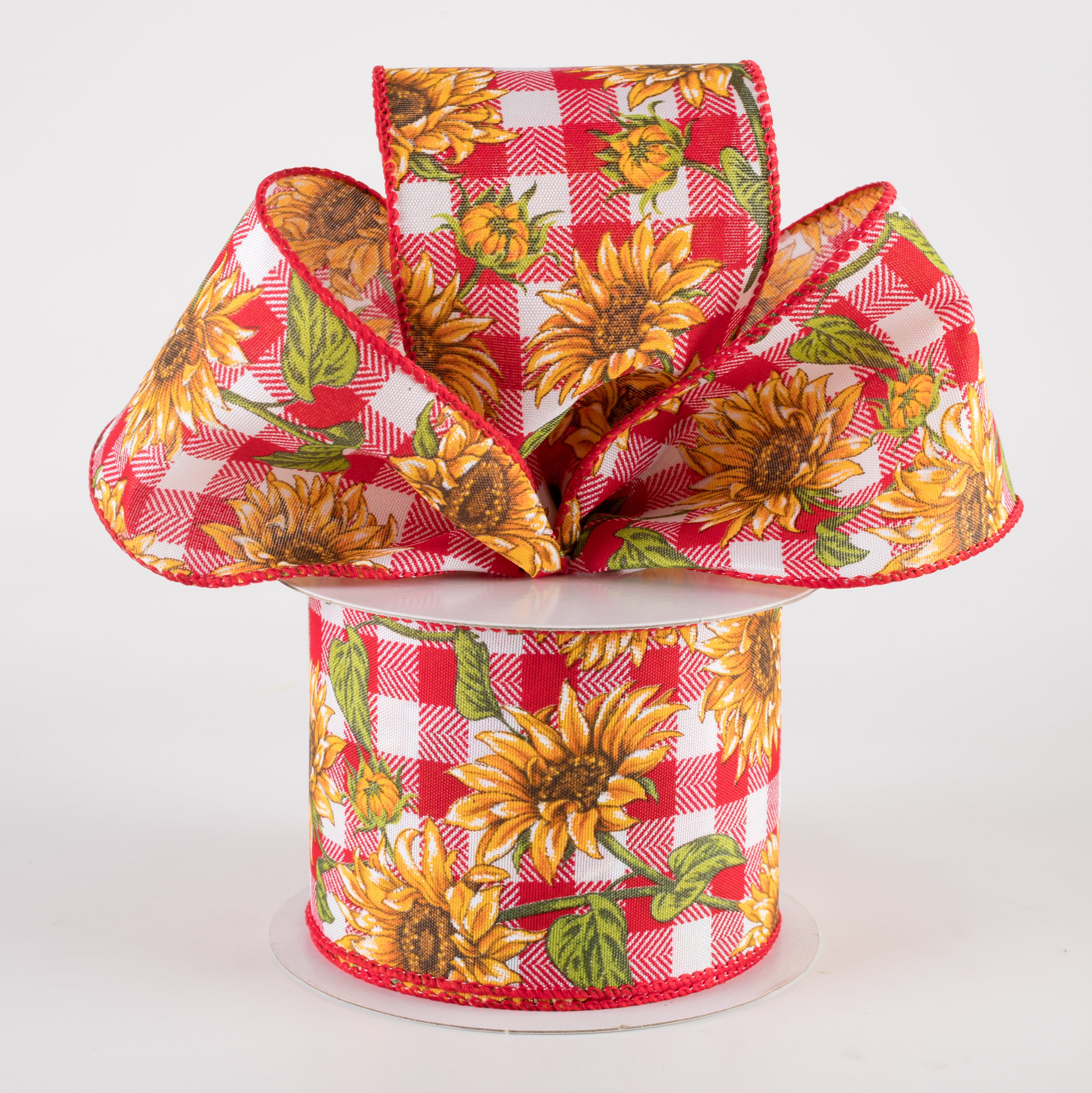 2.5" Satin Wild Sunflowers Check Ribbon: Red & White (10 Yards) Lifestyle Photo