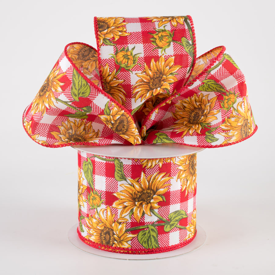 2.5" Satin Wild Sunflowers Check Ribbon: Red & White (10 Yards) Lifestyle Photo