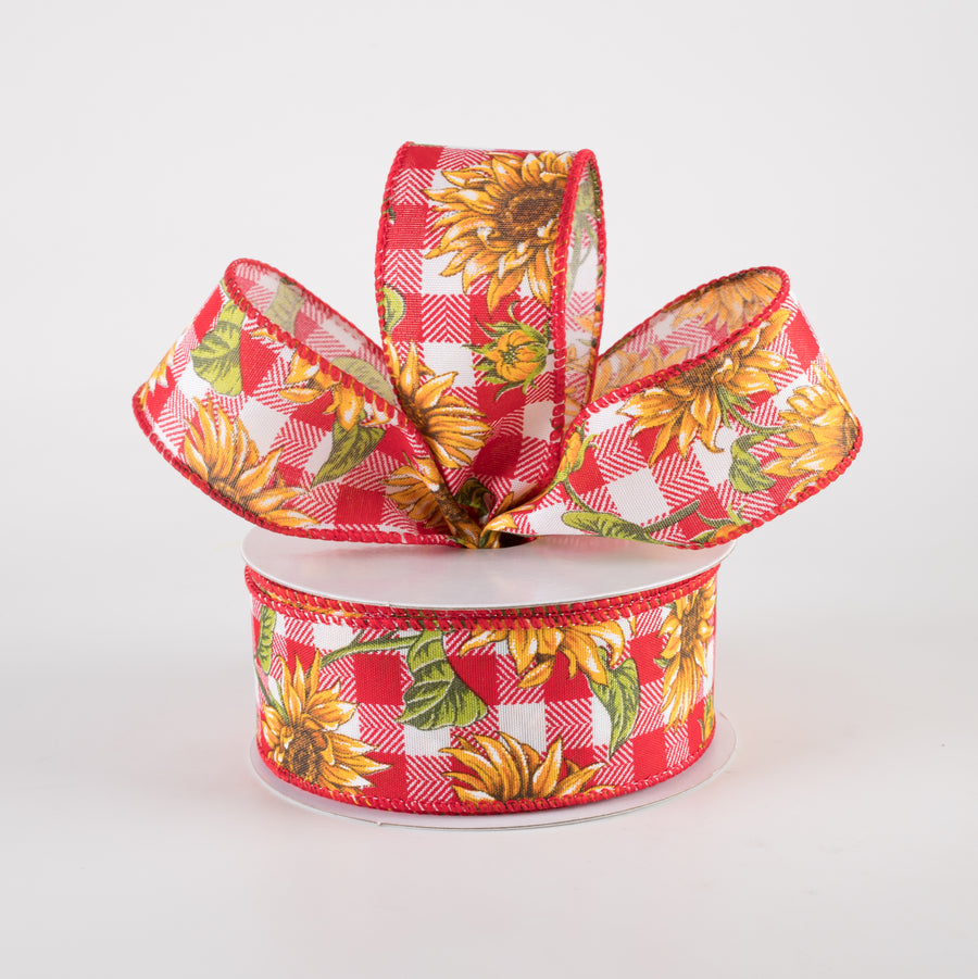 1.5" Satin Wild Sunflowers Check Ribbon: Red & White (10 Yards) Lifestyle Photo