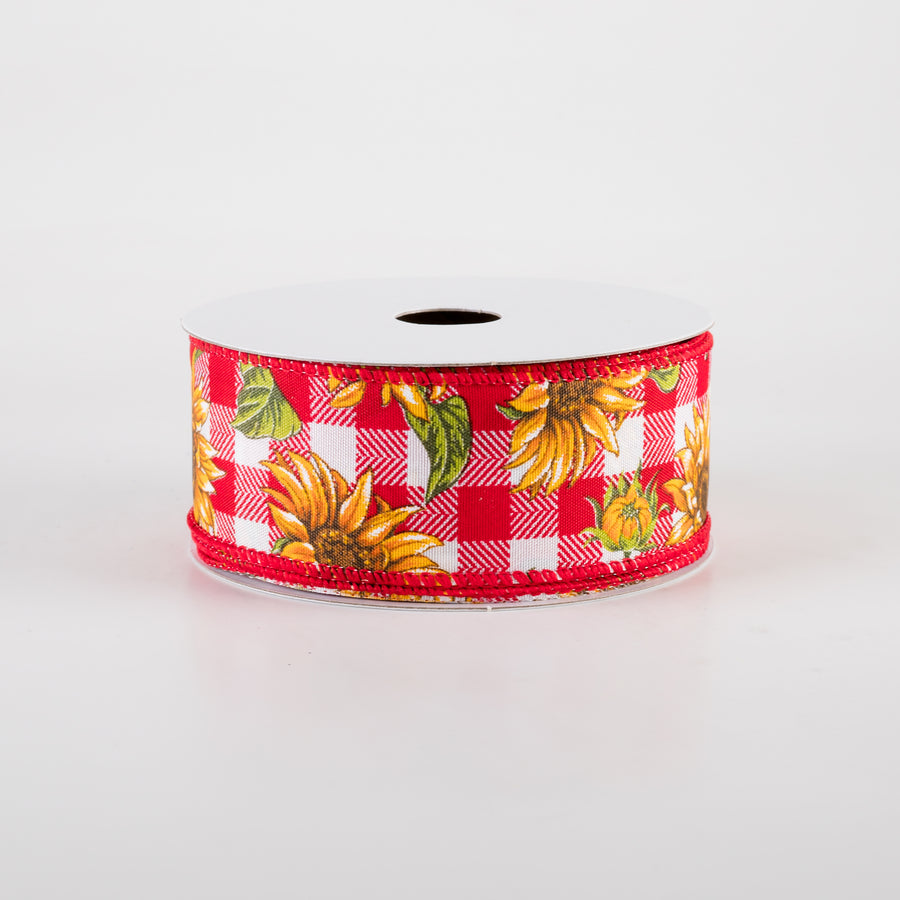 1.5" Satin Wild Sunflowers Check Ribbon: Red & White (10 Yards)