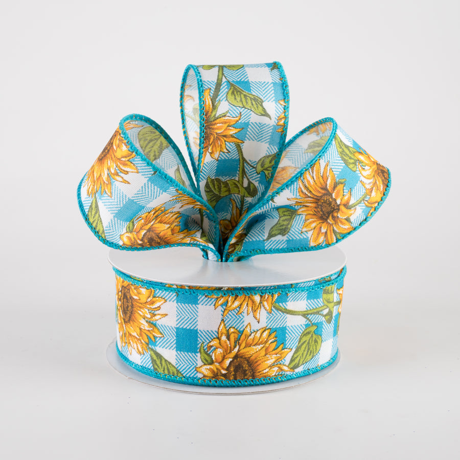 1.5" Satin Wild Sunflowers Check Ribbon: Teal & White (10 Yards) Lifestyle Photo
