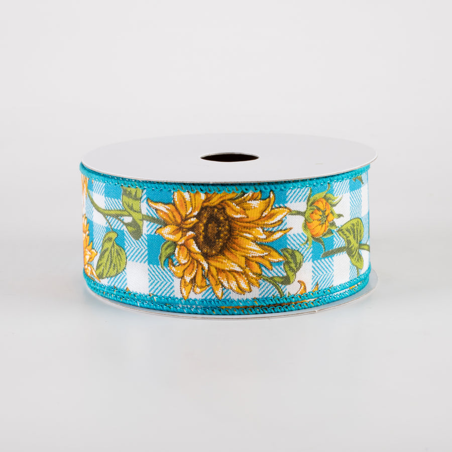 1.5" Satin Wild Sunflowers Check Ribbon: Teal & White (10 Yards)