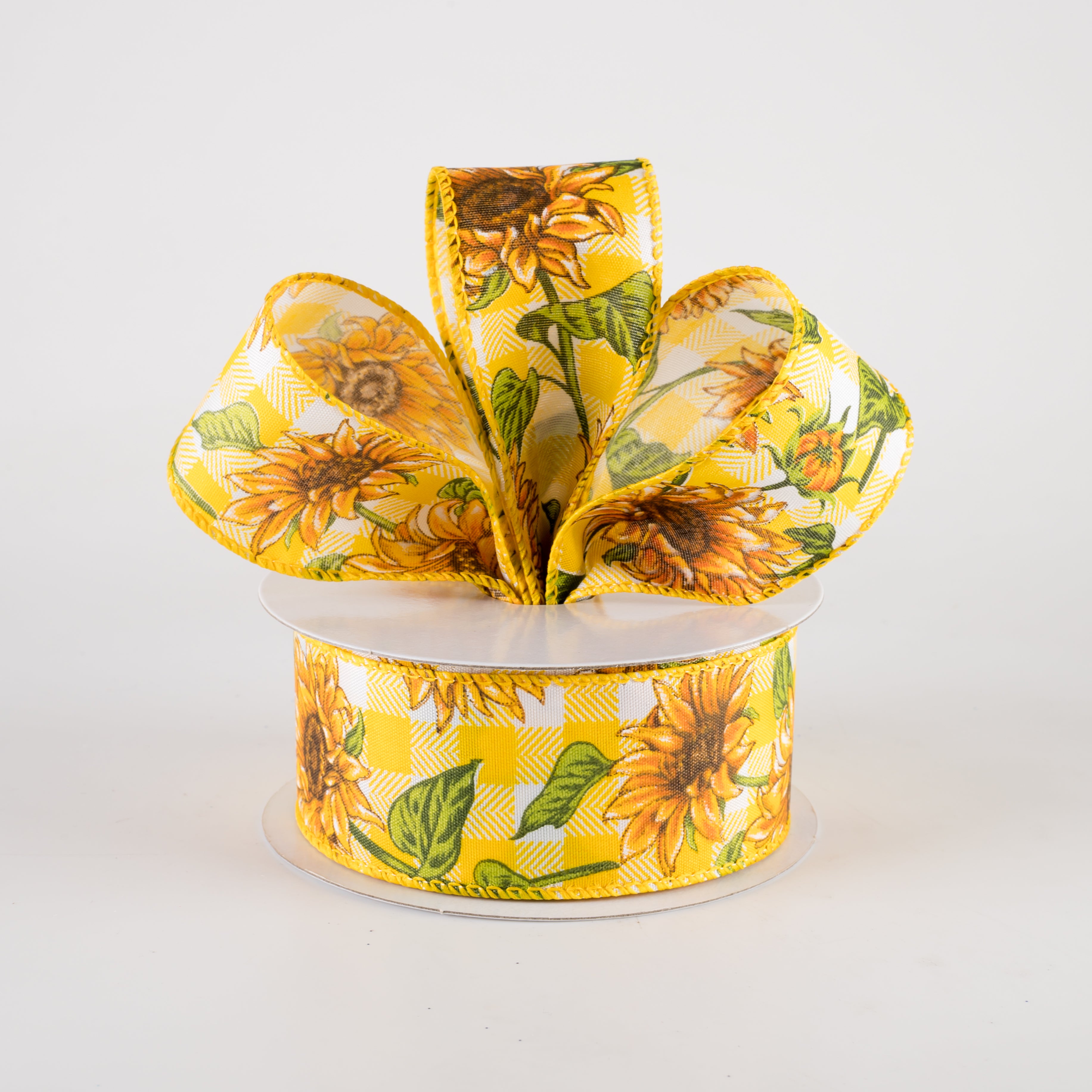 1.5" Satin Wild Sunflowers Check Ribbon: Yellow & White (10 Yards) Lifestyle Photo