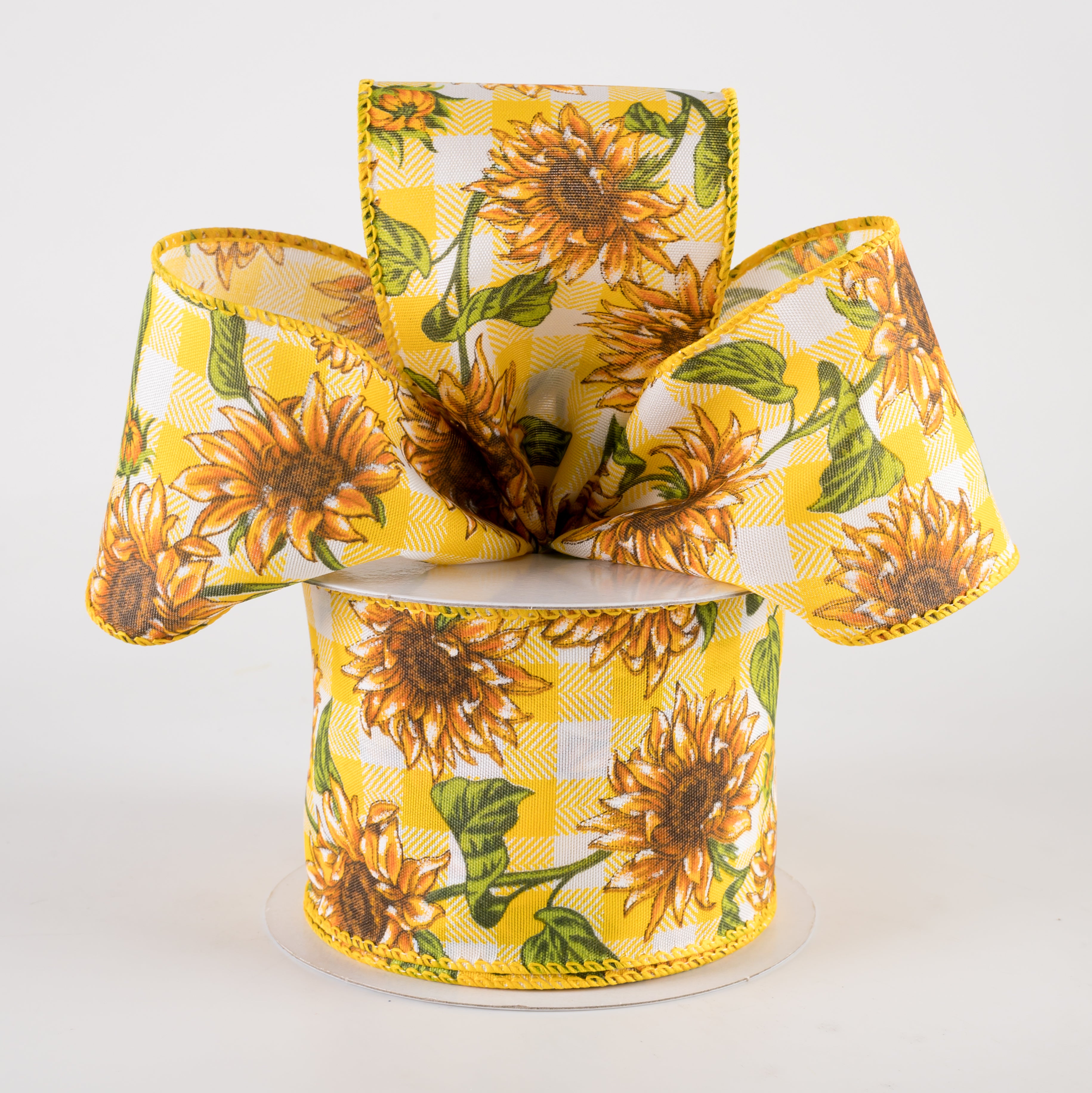 2.5" Satin Wild Sunflowers Check Ribbon: Yellow & White (10 Yards) Lifestyle Photo