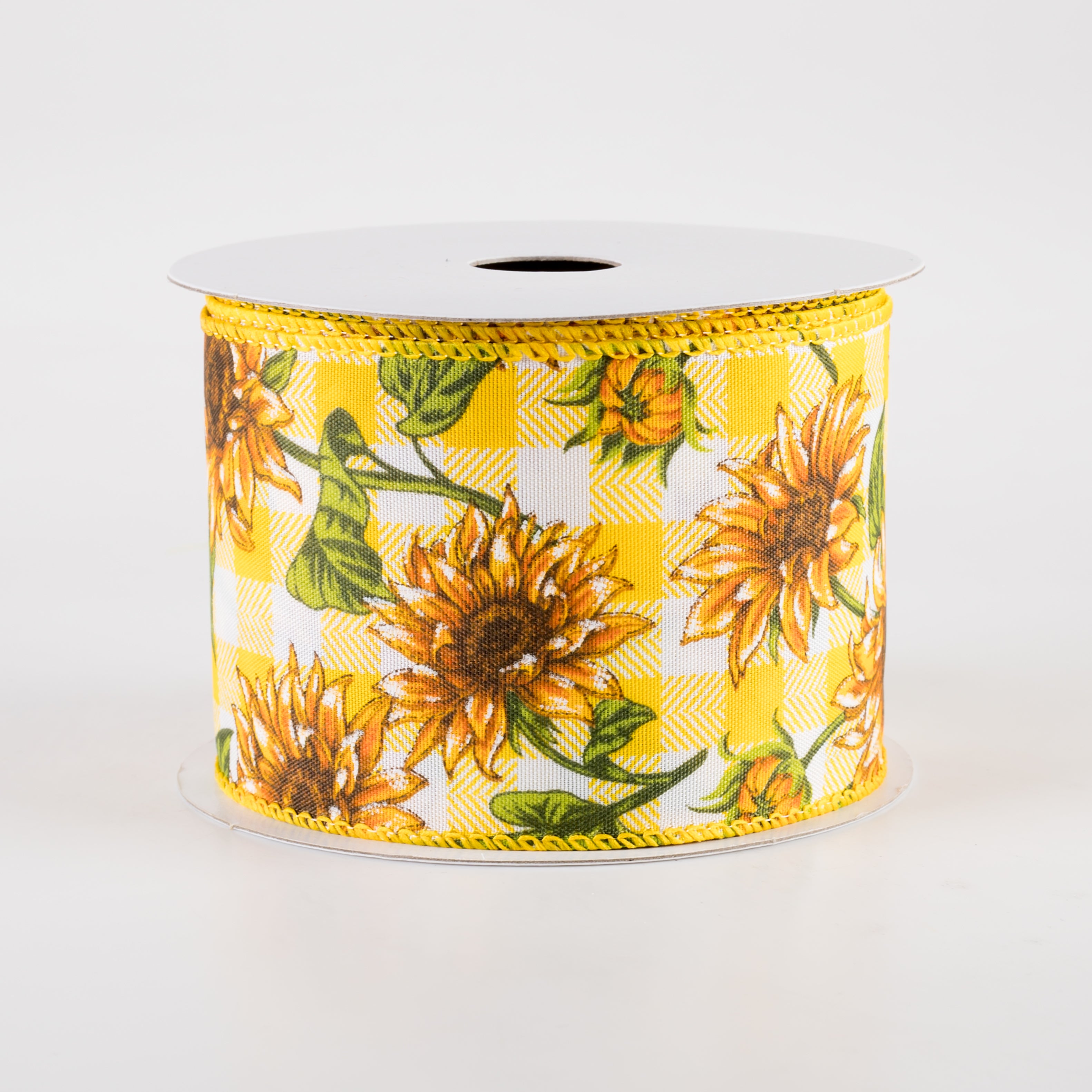 2.5" Satin Wild Sunflowers Check Ribbon: Yellow & White (10 Yards)