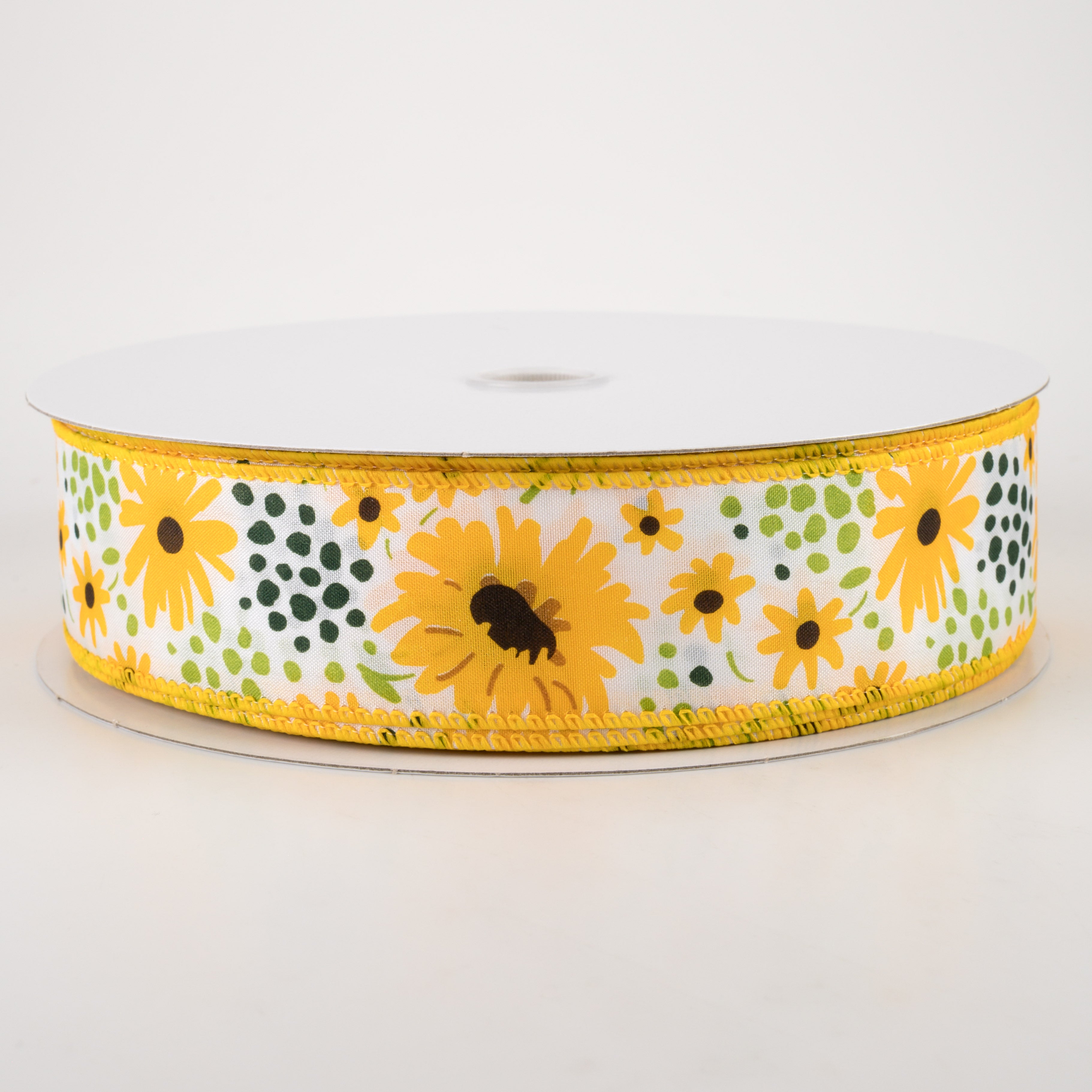 1.5" Satin Yellow Wildflowers Ribbon: White (50 Yards)