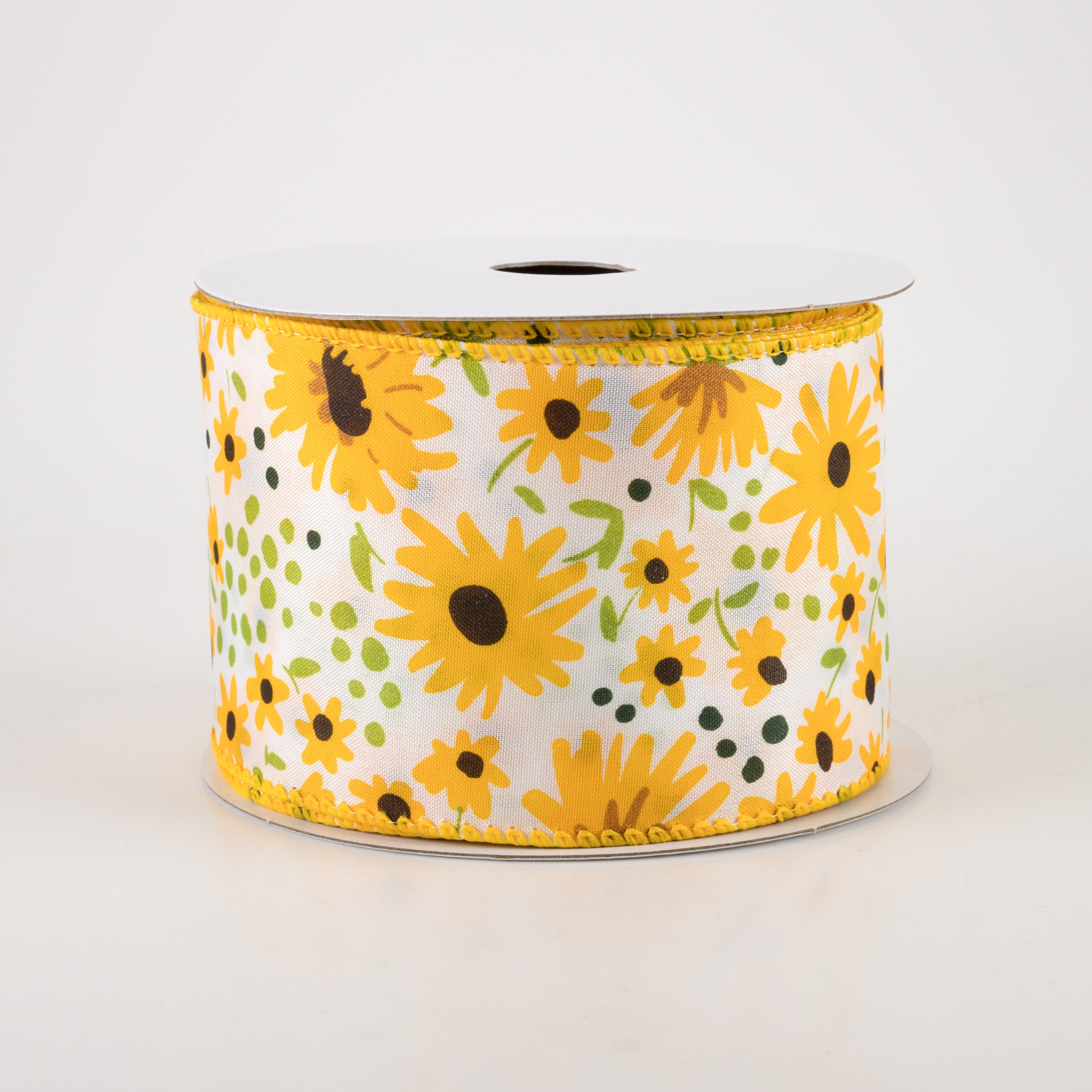2.5" Satin Yellow Wildflowers Ribbon: White (10 Yards)