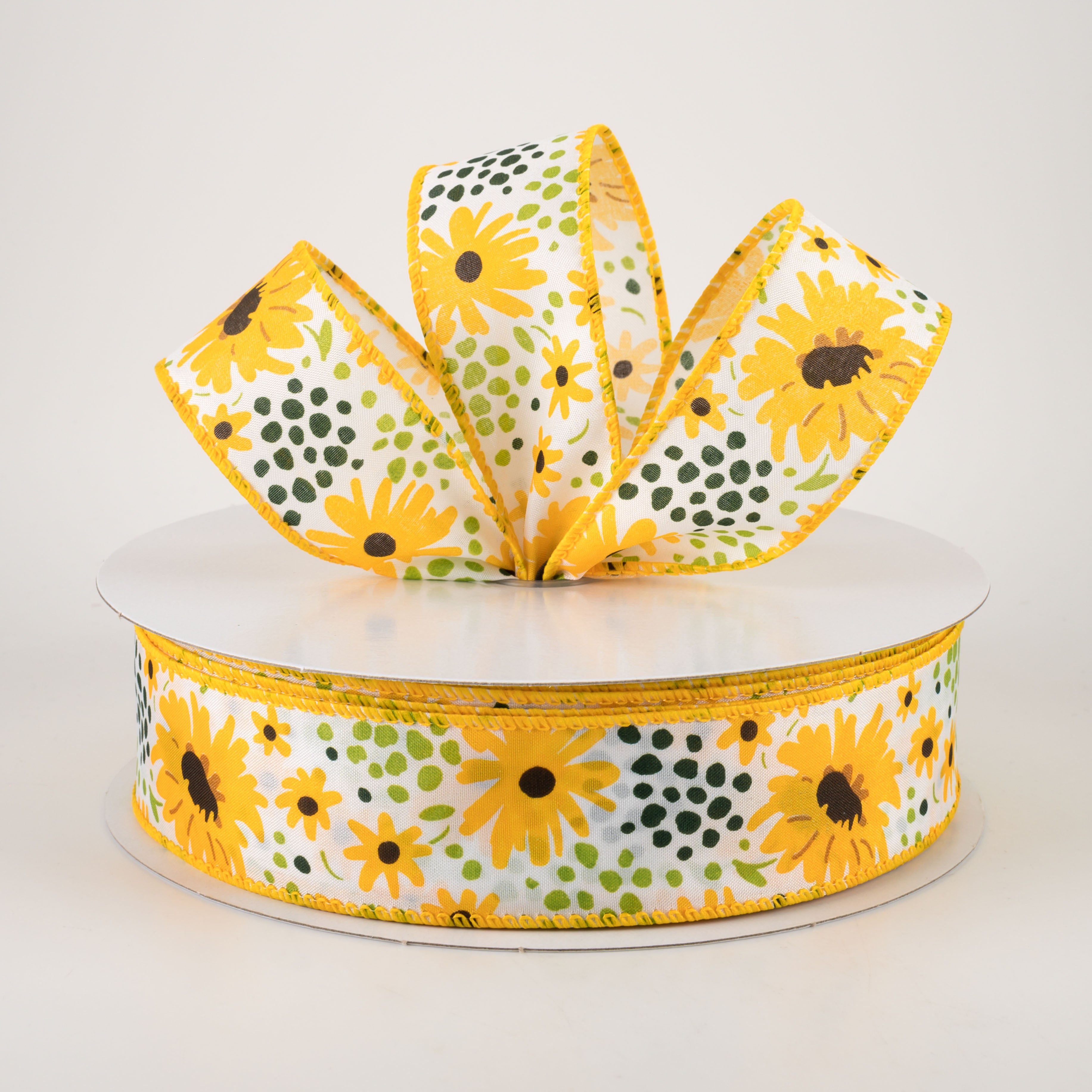 1.5" Satin Yellow Wildflowers Ribbon: White (50 Yards) Lifestyle Photo
