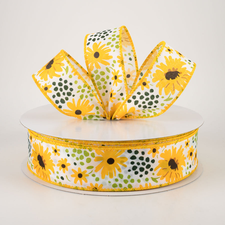1.5" Satin Yellow Wildflowers Ribbon: White (50 Yards) Lifestyle Photo