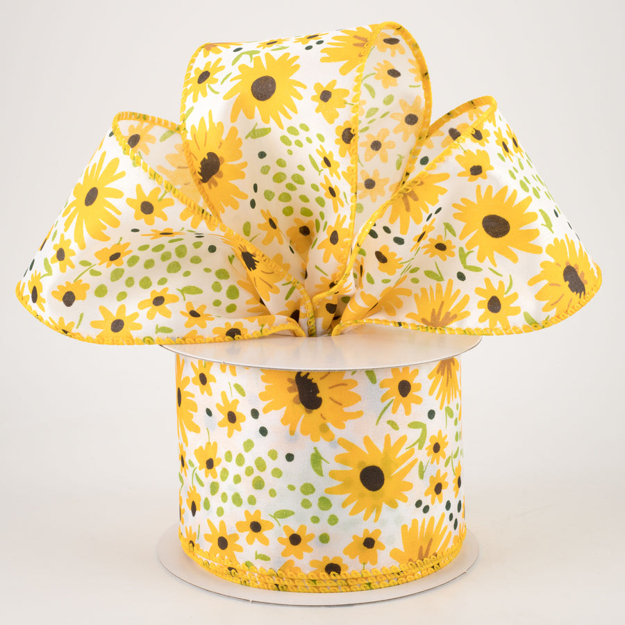 2.5" Satin Yellow Wildflowers Ribbon: White (10 Yards) Lifestyle Photo