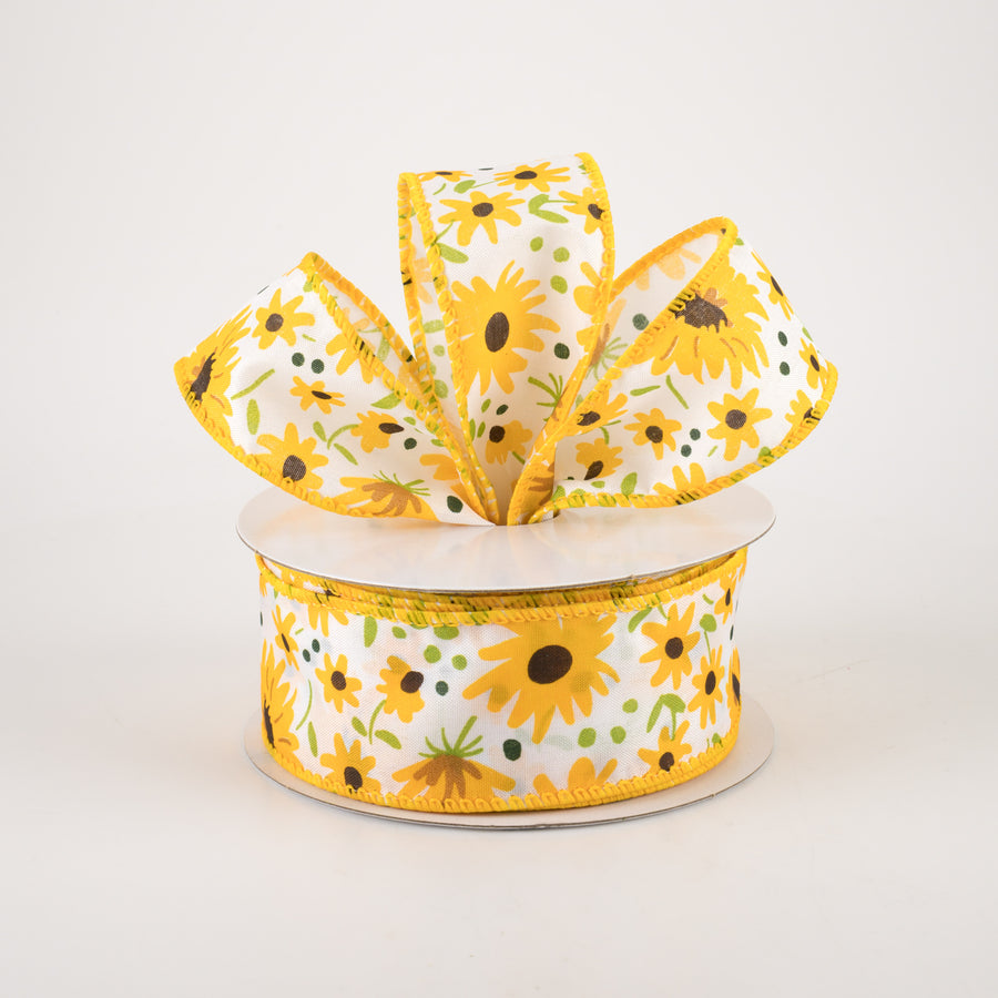 1.5" Satin Yellow Wildflowers Ribbon: White (10 Yards) Lifestyle Photo