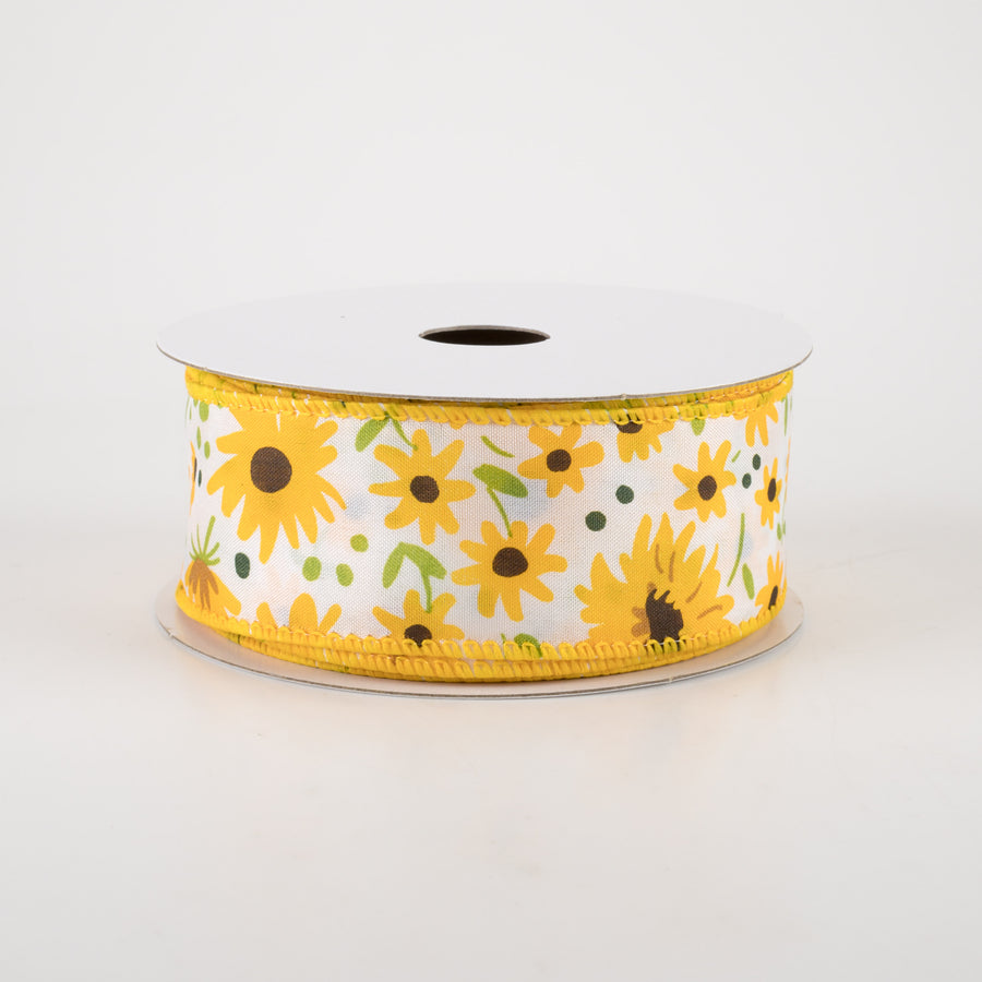 1.5" Satin Yellow Wildflowers Ribbon: White (10 Yards)