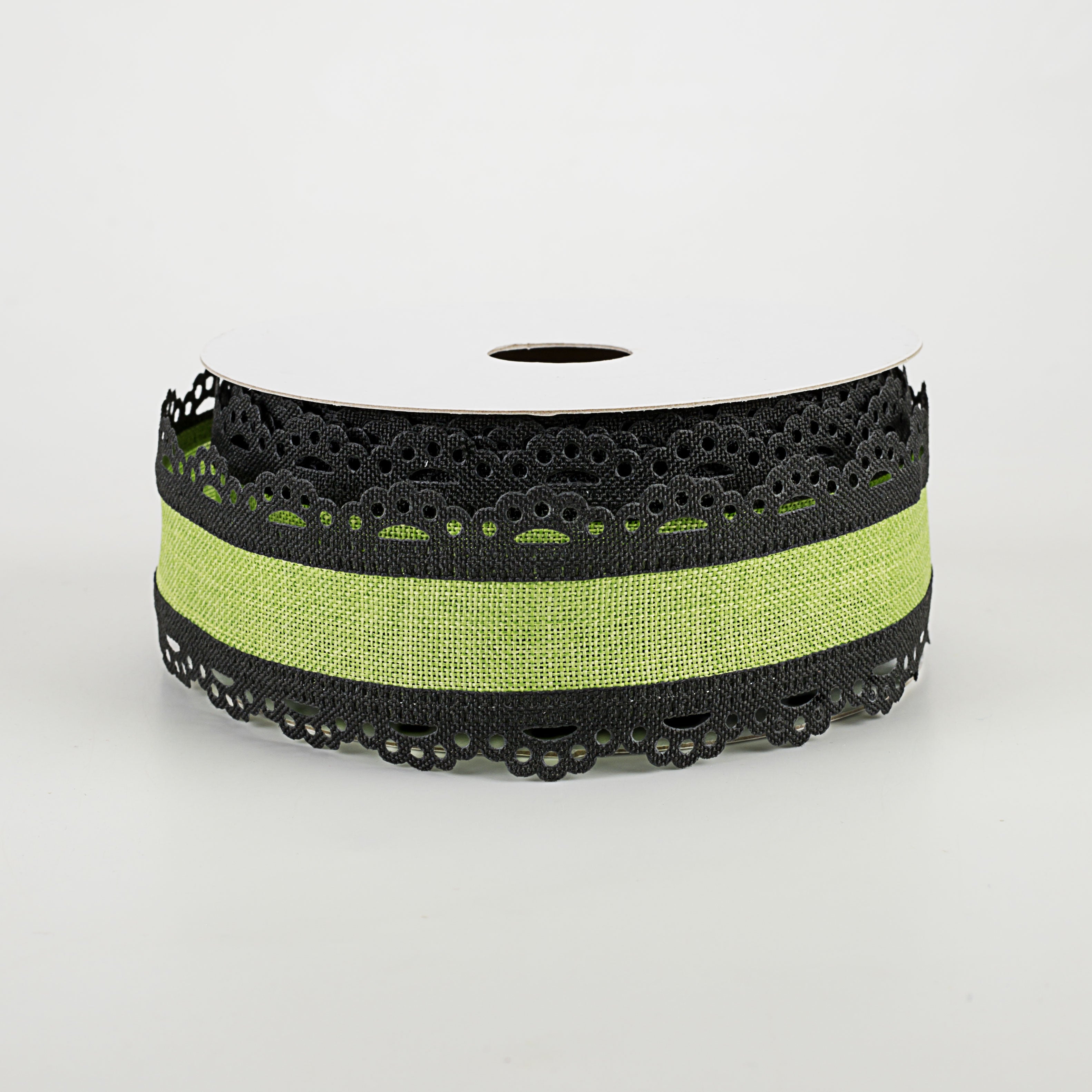 1.5" Scalloped Edge Ribbon: Black & Lime Green (10 Yards)