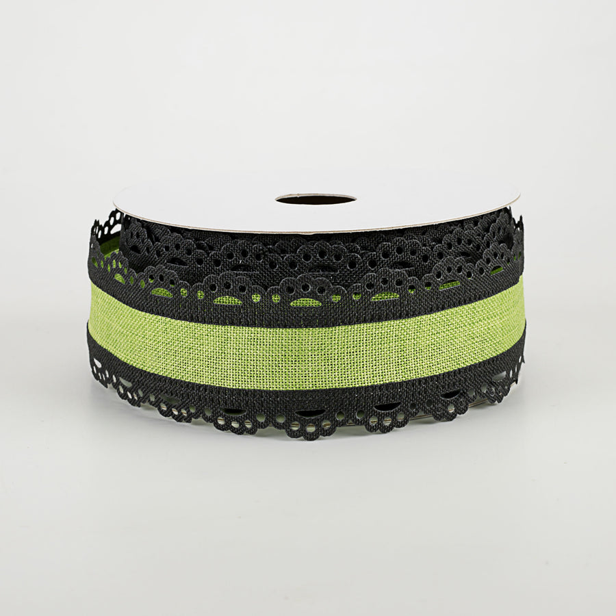 1.5" Scalloped Edge Ribbon: Black & Lime Green (10 Yards)