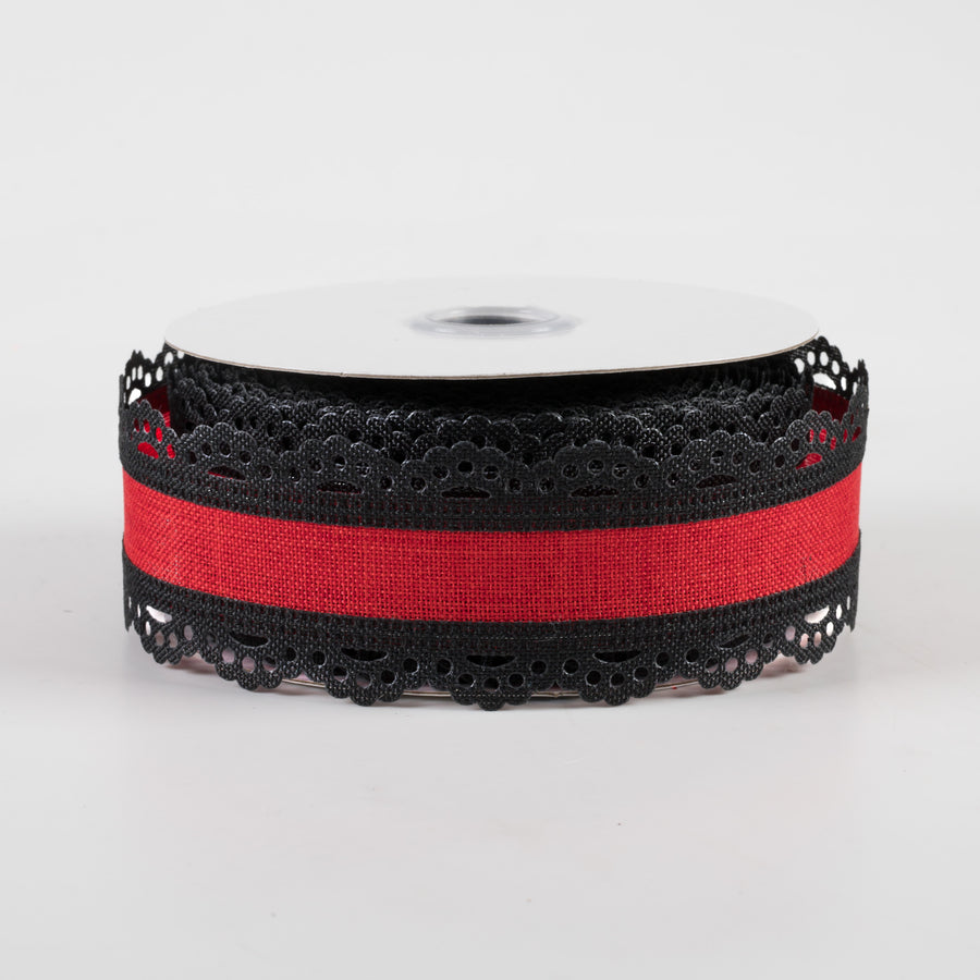 1.5" Scalloped Edge Ribbon: Black & Red (10 Yards)