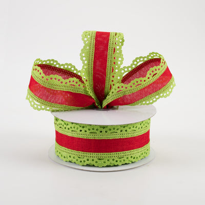 1.5" Scalloped Edge Ribbon: Lime Green & Red (10 Yards) Lifestyle Photo