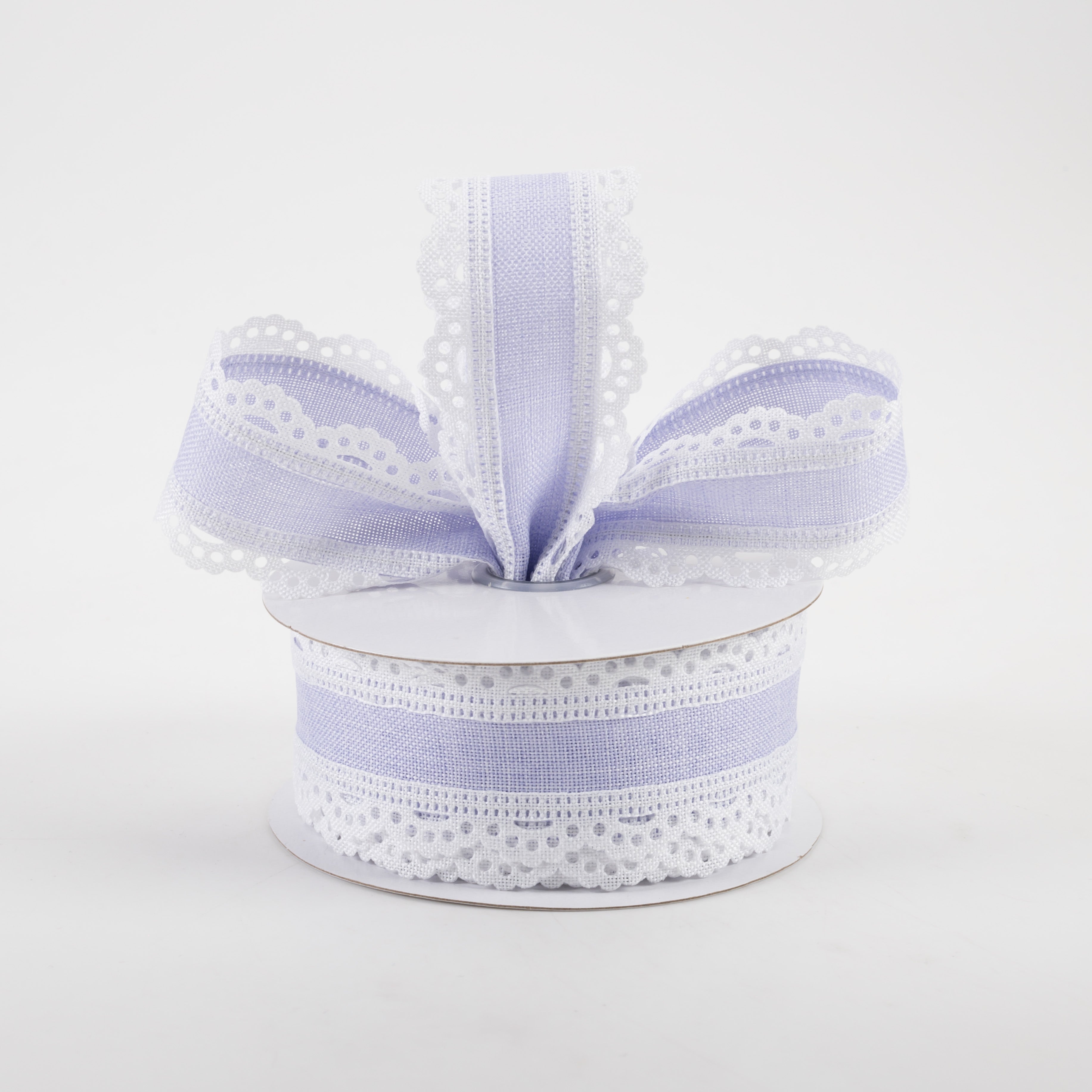 1.5" Scalloped Edge Ribbon: White & Light Lavender (10 Yards) Lifestyle Photo