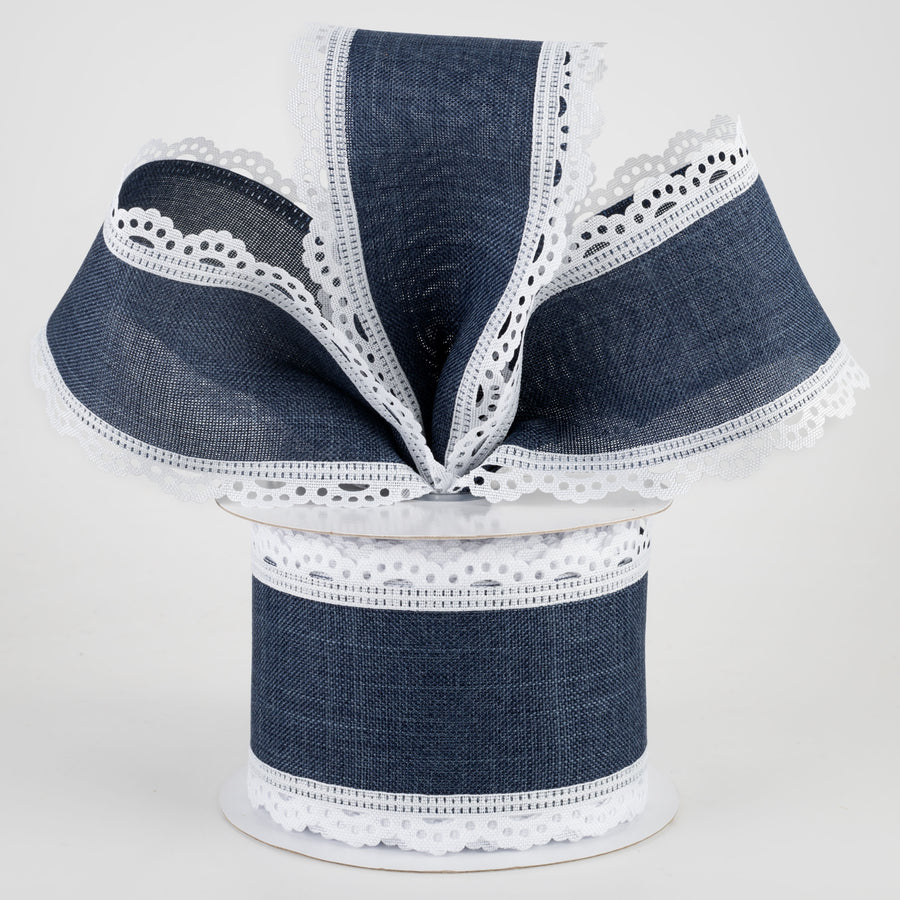 2.5" Scalloped Edge Ribbon: White & Navy Blue (10 Yards) Lifestyle Photo