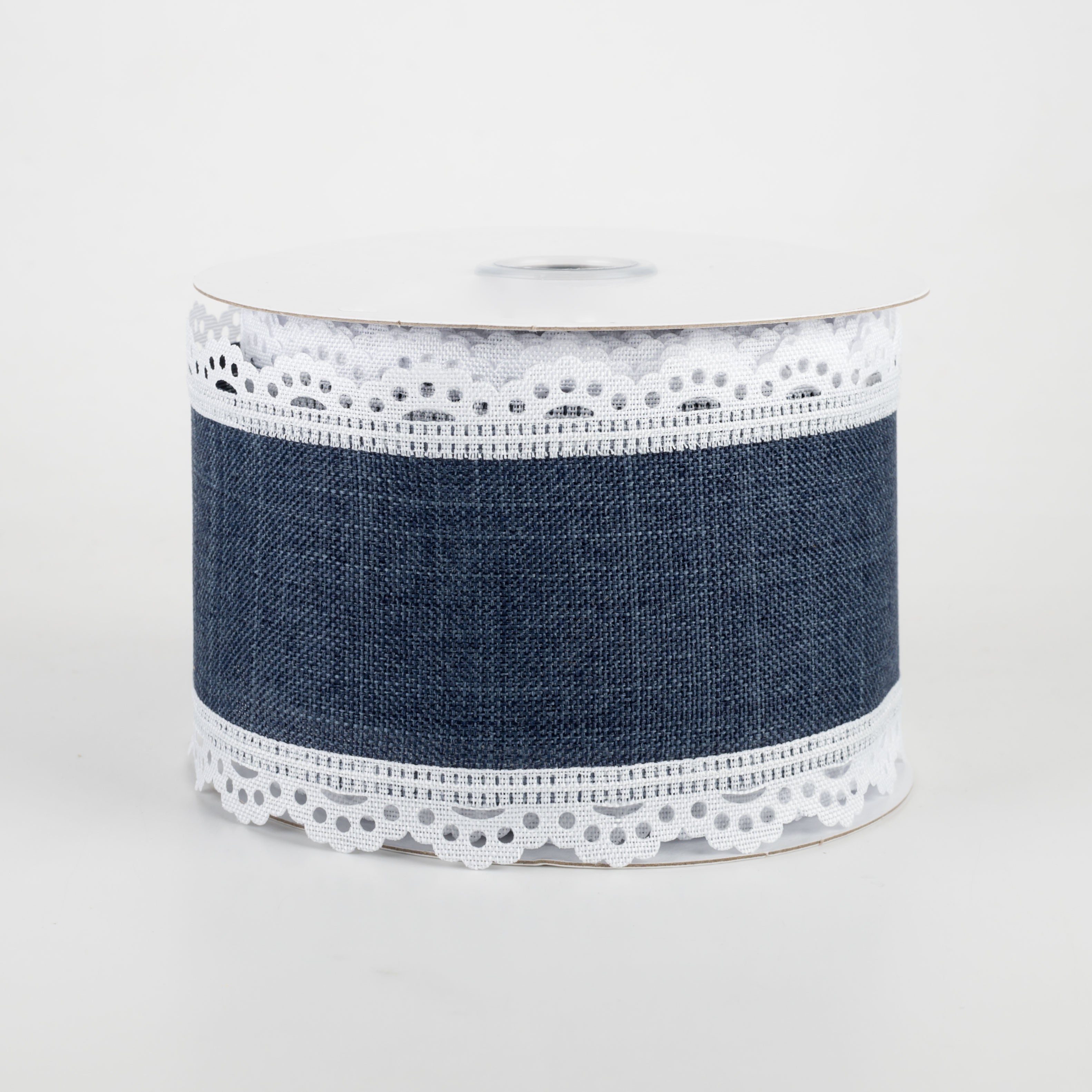 2.5" Scalloped Edge Ribbon: White & Navy Blue (10 Yards)