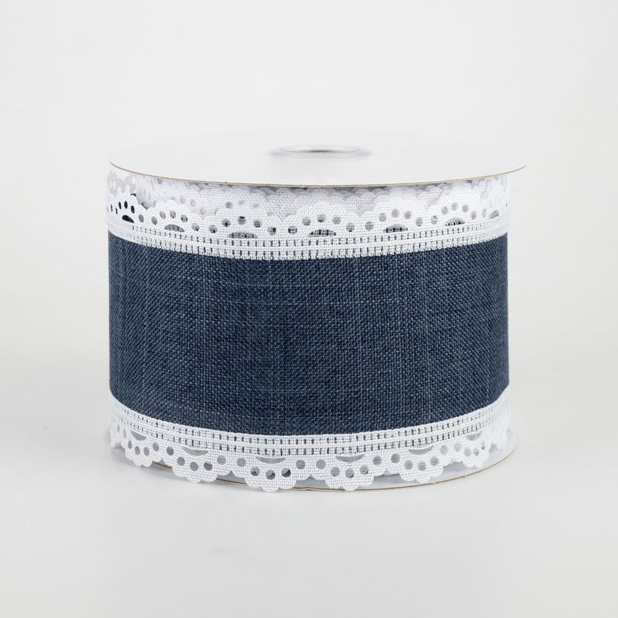 2.5" Scalloped Edge Ribbon: White & Navy Blue (10 Yards)