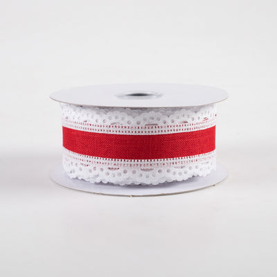 1.5" Scalloped Edge Ribbon: White & Red (10 Yards)