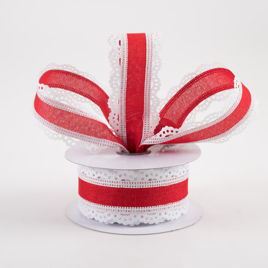 1.5" Scalloped Edge Ribbon: White & Red (10 Yards) Lifestyle Photo