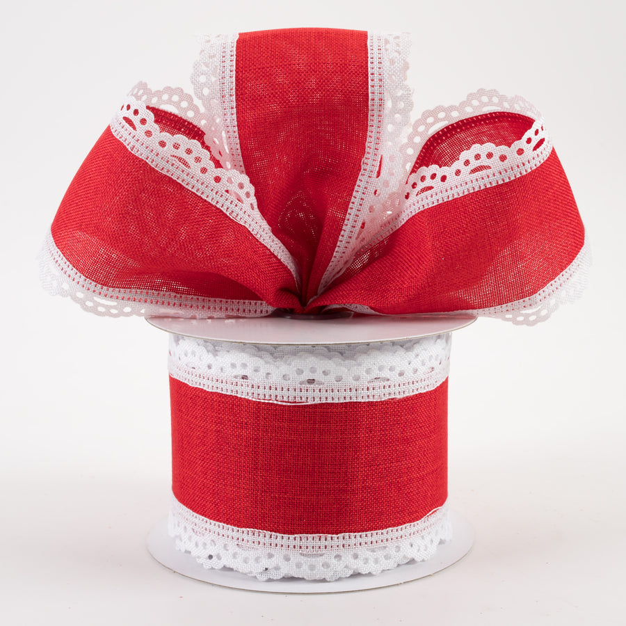 2.5" Scalloped Edge Ribbon: White & Red (10 Yards) Lifestyle Photo