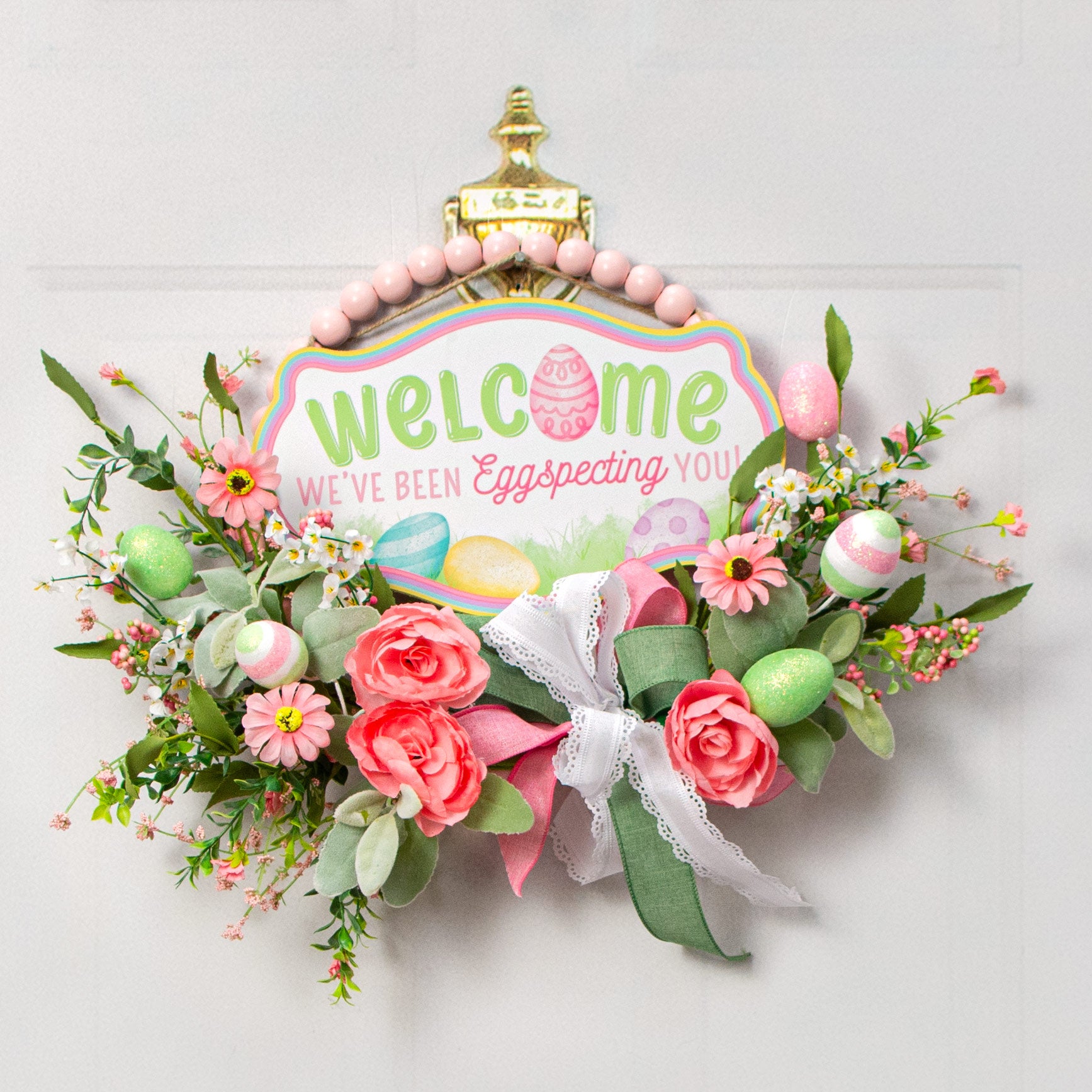 12" Scalloped Wood Sign: Welcome EGGspecting You Lifestyle Photo